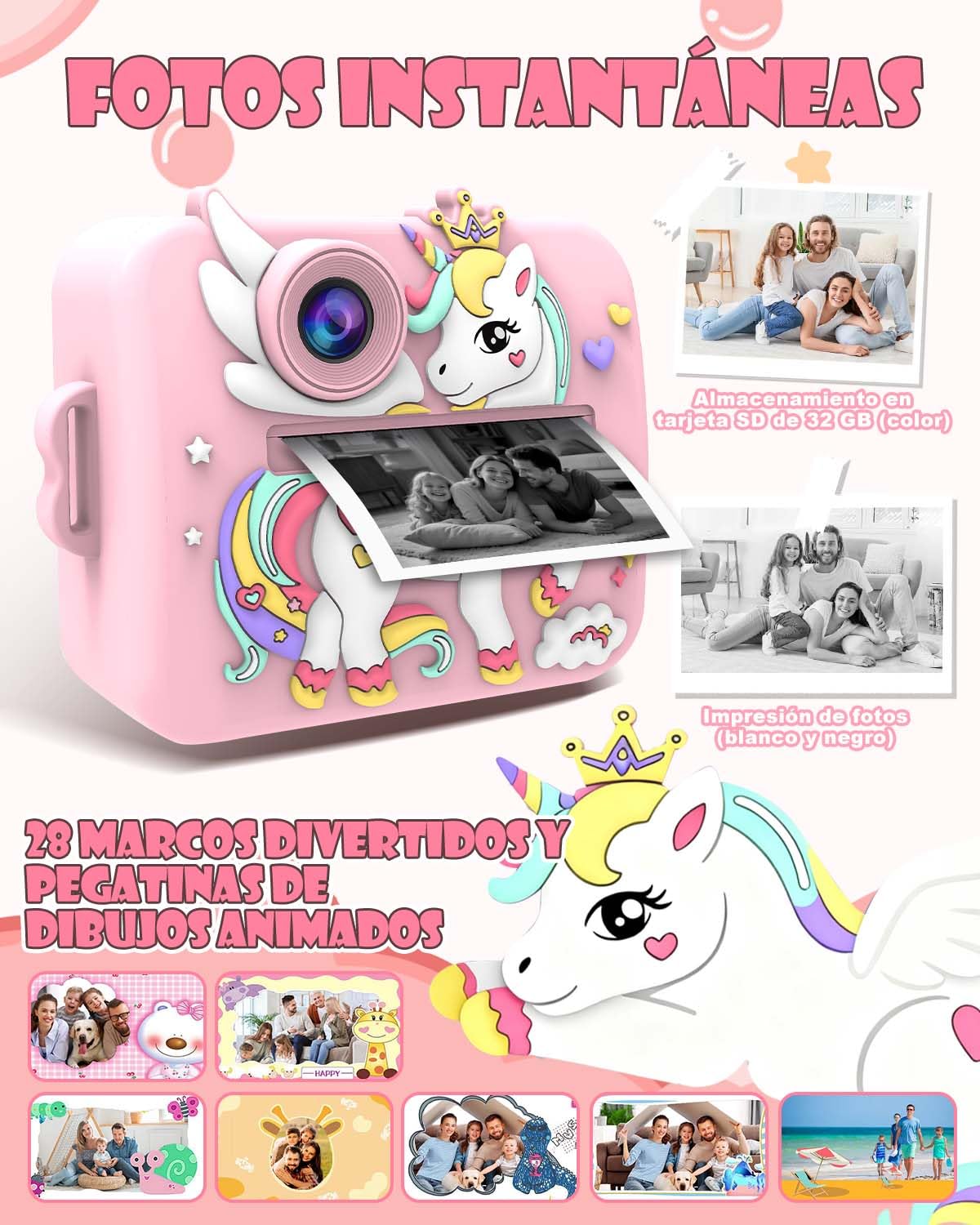 Cámara Instantánea para Niños Unicornio, Cámara Digital Infantil con Impresión Inmediata y 4 Rollos, Juegos Creativos y Tarjeta 32GB, Regalo Niñas 3-12 Años