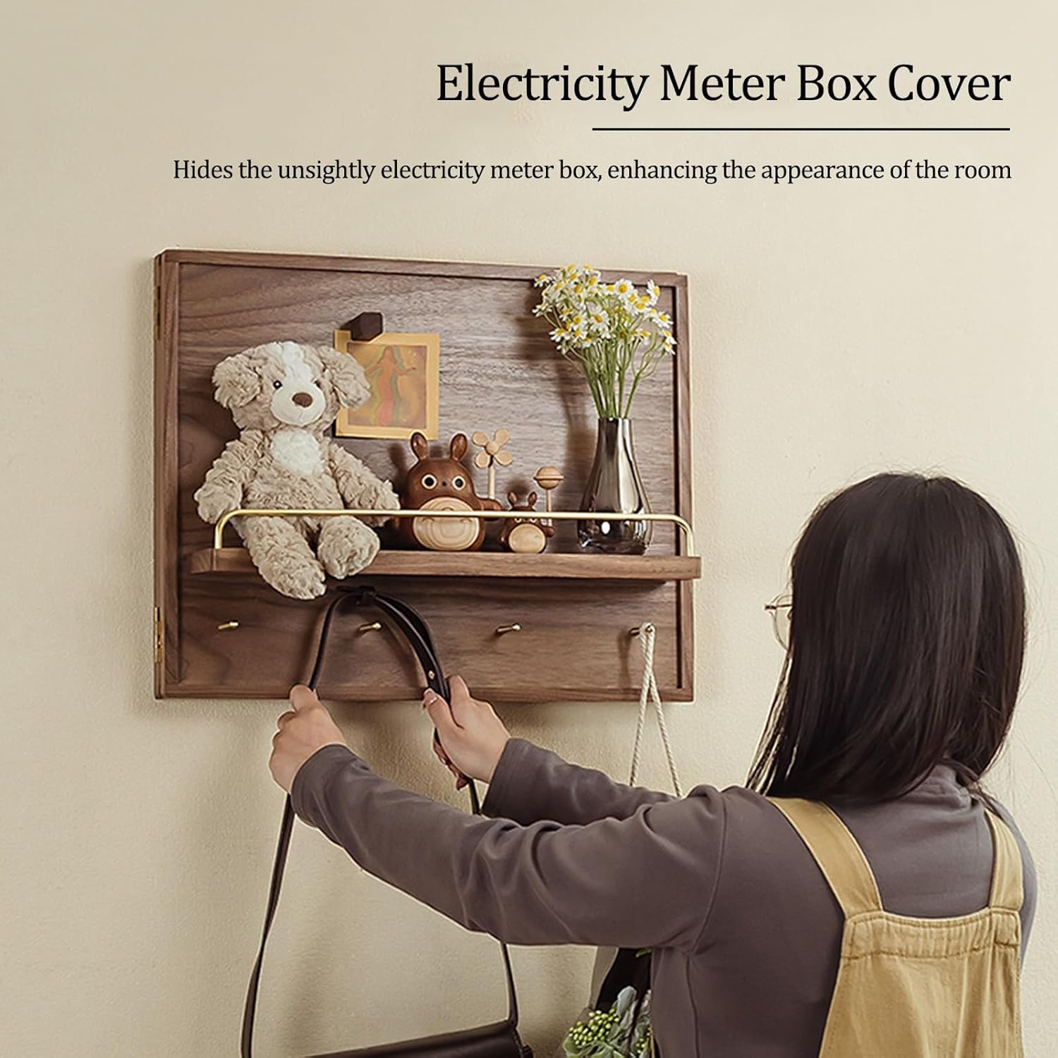 HARELA Wooden Decorative Fuse Box Covers with Shelf & Hooks, Decorative Wall Electrical Panel Cover, Hidden Circuit Breaker Panel for Farmhouse Kitchen(60x50cm/23.6x19.7in)