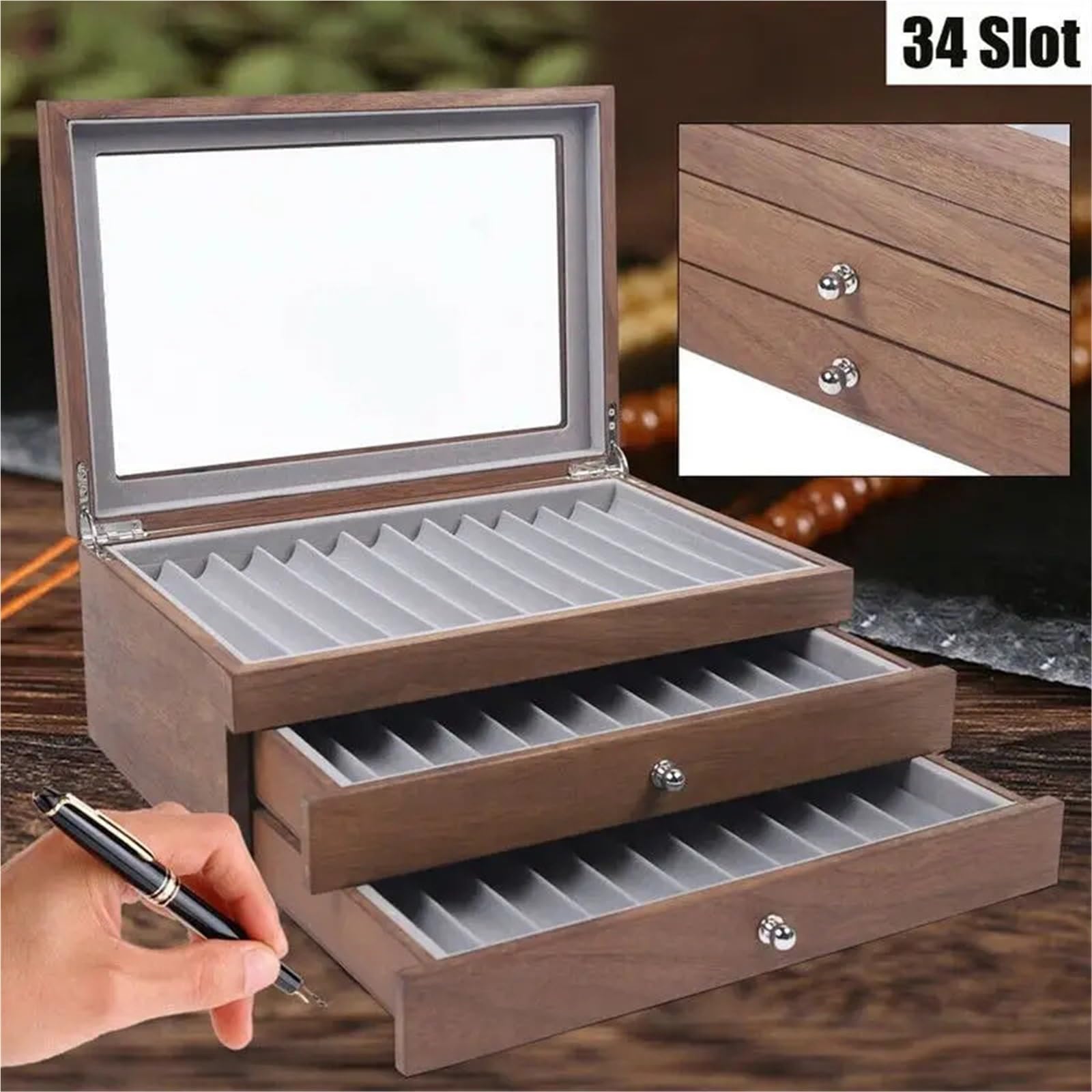 Portapenne da 34 scomparti in legno di noce con cassetto, espositore for cancelleria for studenti Per Ufficio Casa