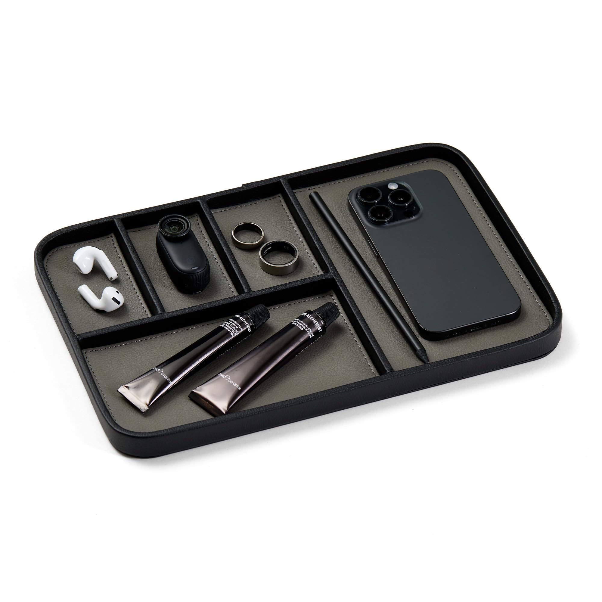Nordik By Design Men's Pebble Black Nordik Leather Valet Tray - 30 X 20 Cm Large Size Vegan Leather Tray For Entryway - Stylish Nightstand Organizer For - Modern Bedside Caddy - Edc Catchall For Keys Wallet Jewellery