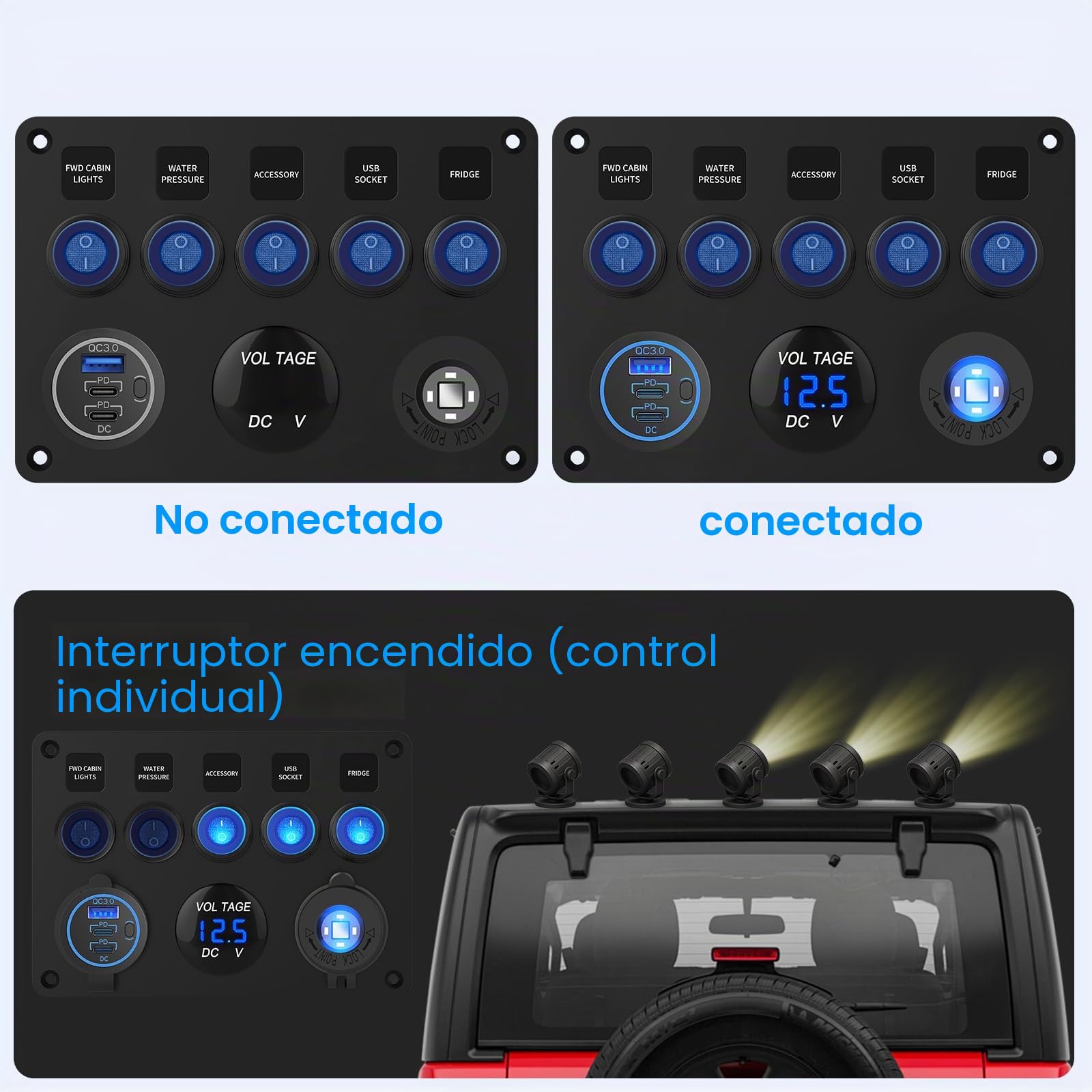 12V 24V 5 pandilla Interruptor Rocker ON OFF Panel de aluminio pre-cableado Impermeable con cargador coche triple puertos USB 78W, Voltmetro digital led y enchufador de cigarillos para coche barco