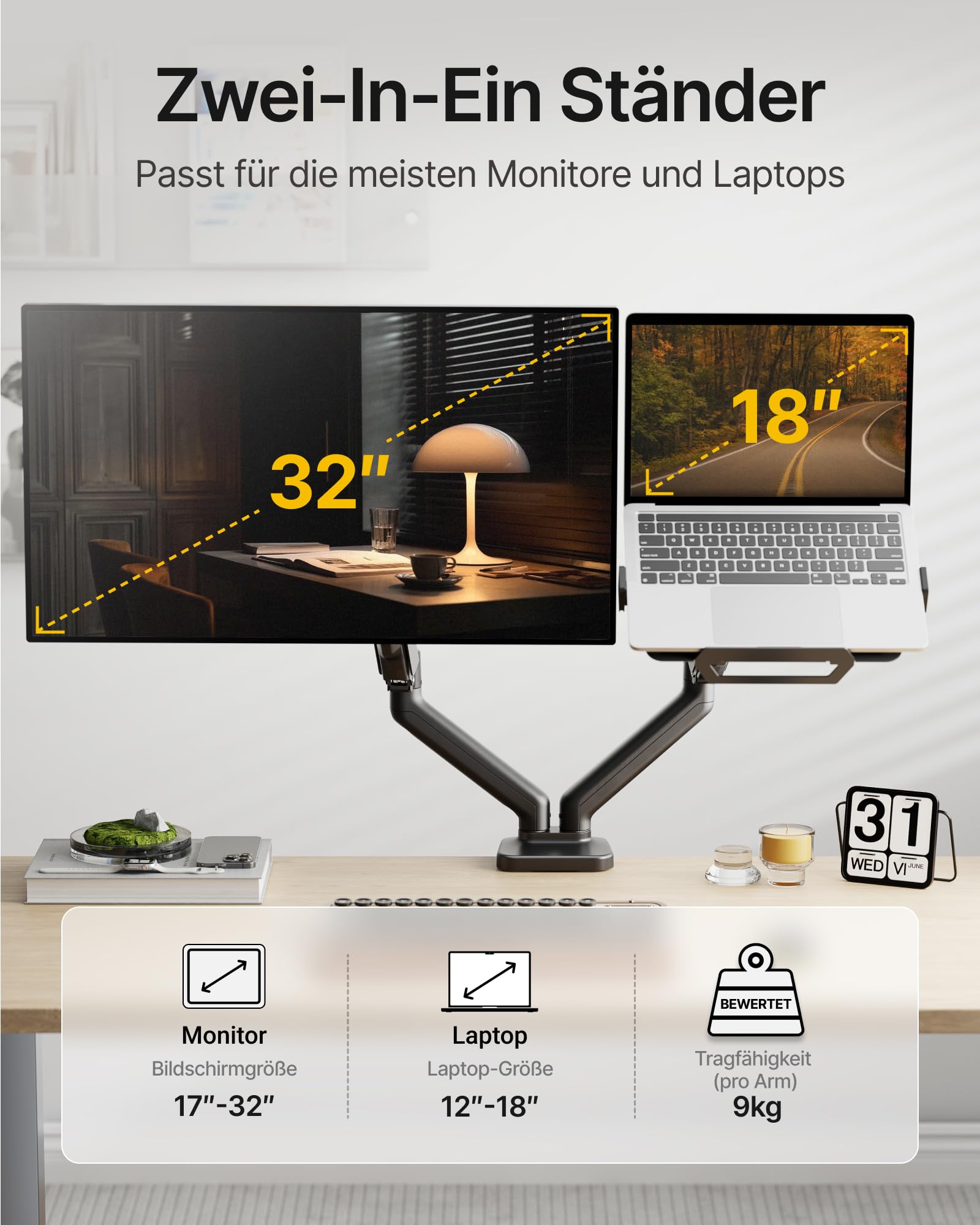 monTEK Brazo Soporte 2en1 Monitor 17-32" Portátil 12-18", VESA 75/100mm | Incluye abrazadera y pasacables de mesa, brazo ergonómico ajustable, montaje rápido, ahorra espacio para oficina y hogar
