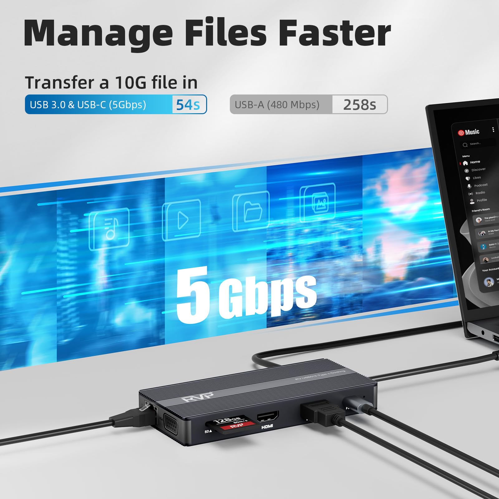 RVP+ Docking station USB C 3 monitor, 12 in 1, triplo display-4K HDMI doppio monitor e VGA, trasferimento dati USB-C/A 5 Gbps, USB 3.0, ricarica laptop da 100 W, Gigabit Ethernet, audio, Dongle SD/TF