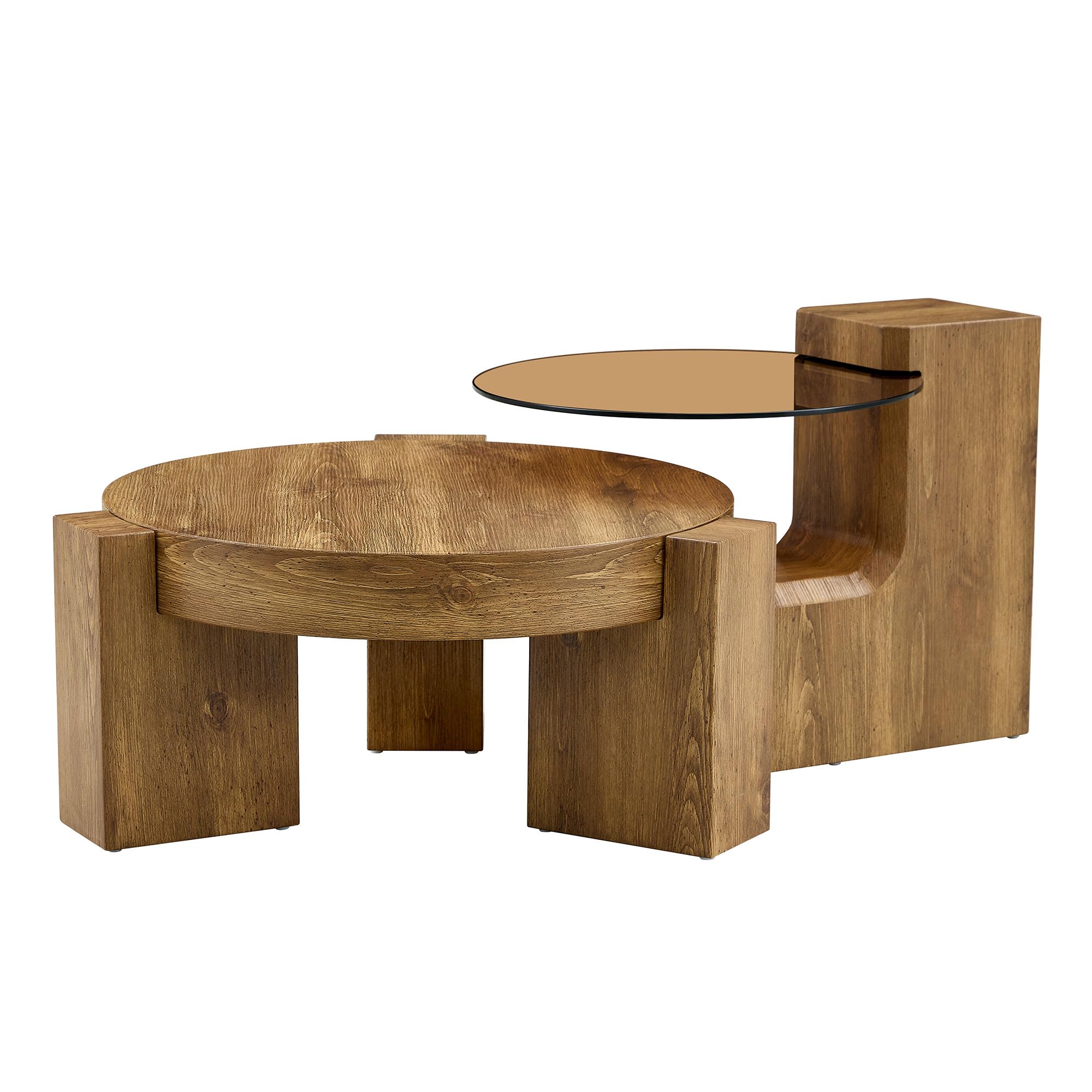 Bladez Mesa de centro con 2 niveles y patas en forma de L, mesa auxiliar redonda desmontable con tapa de cristal marrón transparente y aspecto de madera, para salón, dormitorio, balcón, mesa de centro