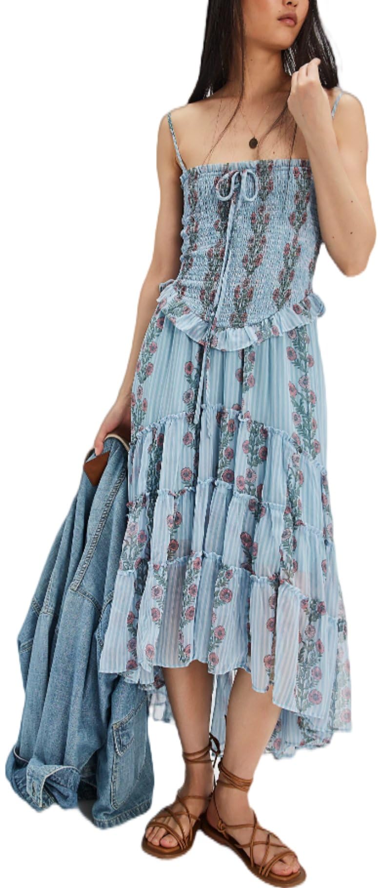 Women Floral Spaghetti Strap Long Sundress Boho Smocked Backless Flowy Midi Dress Summer Tiered Ruffle Maxi Dresses