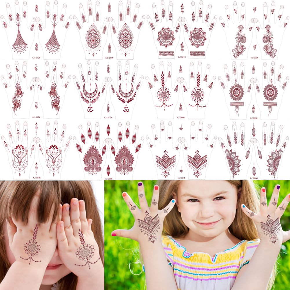 XMASIR Temporary Tattoo Stickers for Kid 12 Pair Hands Brown Body Art Stickers Waterproof Fake Tattoos for Boys Girls Party Decor