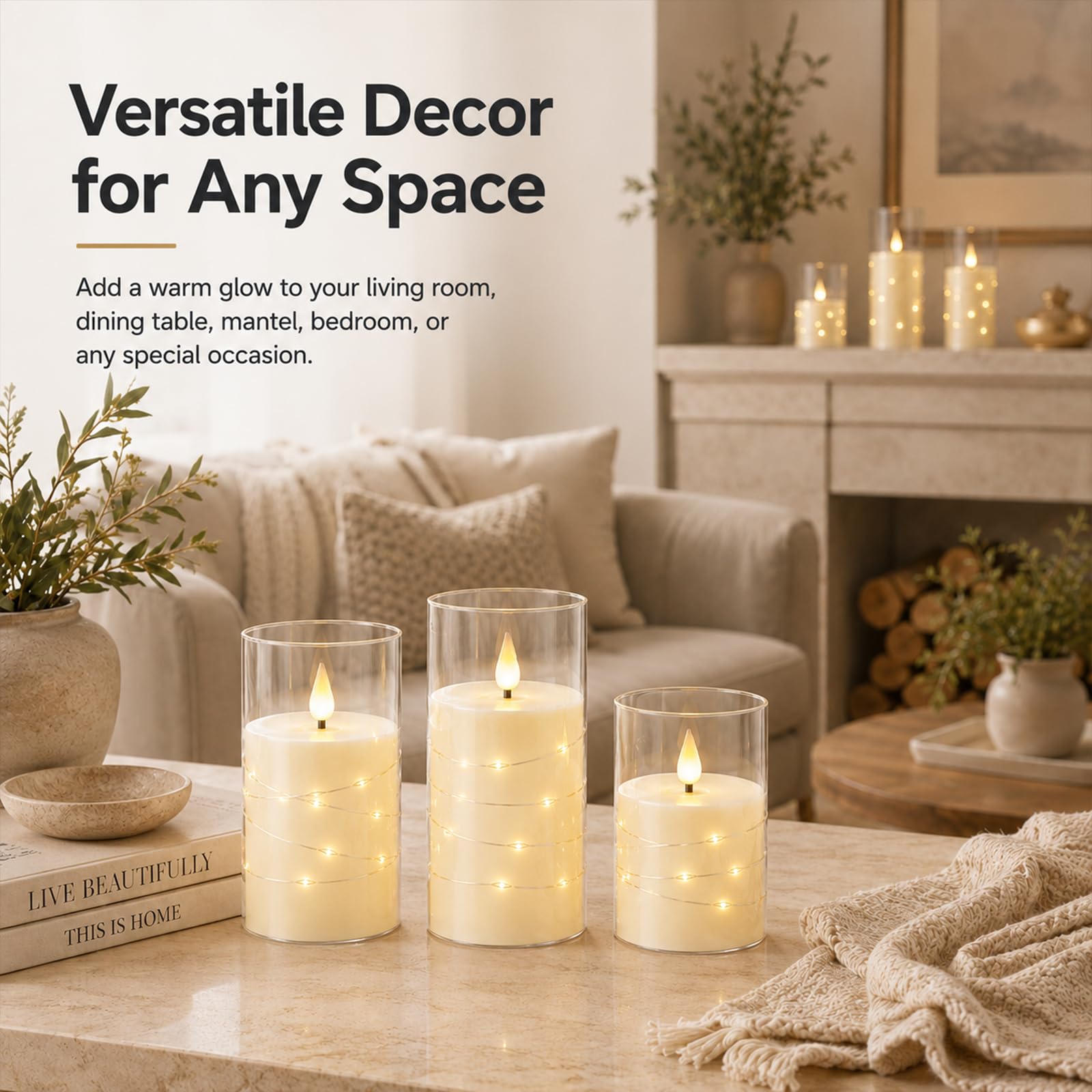 Lot de 3 bougies électriques sans flamme à LED vacillantes avec télécommande et minuteur, à intensité variable en cire véritable à piles, pour maison, mariage, fête, décoration de vacances (ivoire)