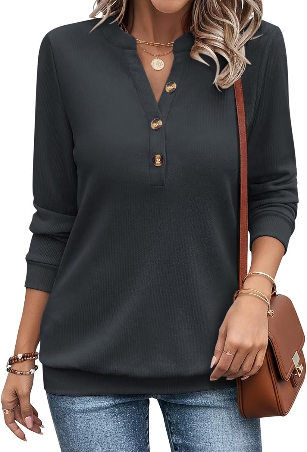 EADINVE Womens V Neck Long Sleeve Sweatshirts Half Button Lightweight Pullover Fashion Fall Clothes