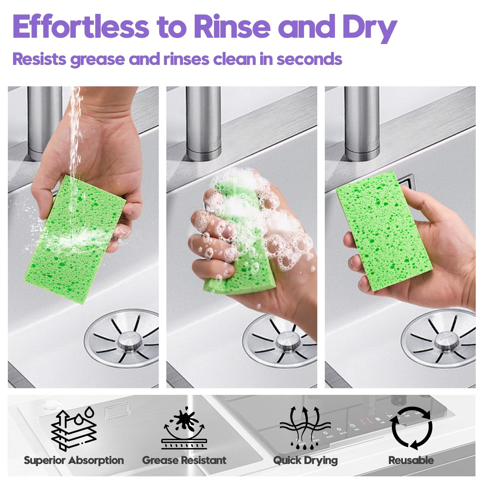 Lot de 18 éponges en cellulose compressée, 6 couleurs assorties, pâte de bois naturel, anti-rayures, durables et réutilisables, passent au lave-vaisselle et à la maison