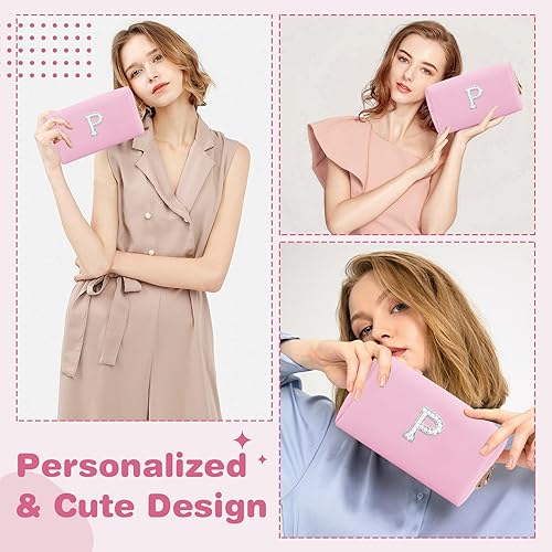 Miniatura 10 de Bolsa de maquillaje personalizada con inicial A-Z, pequeña bolsa de cosméticos de viaje de piel sintética con cremallera, bonita bolsa de aseo