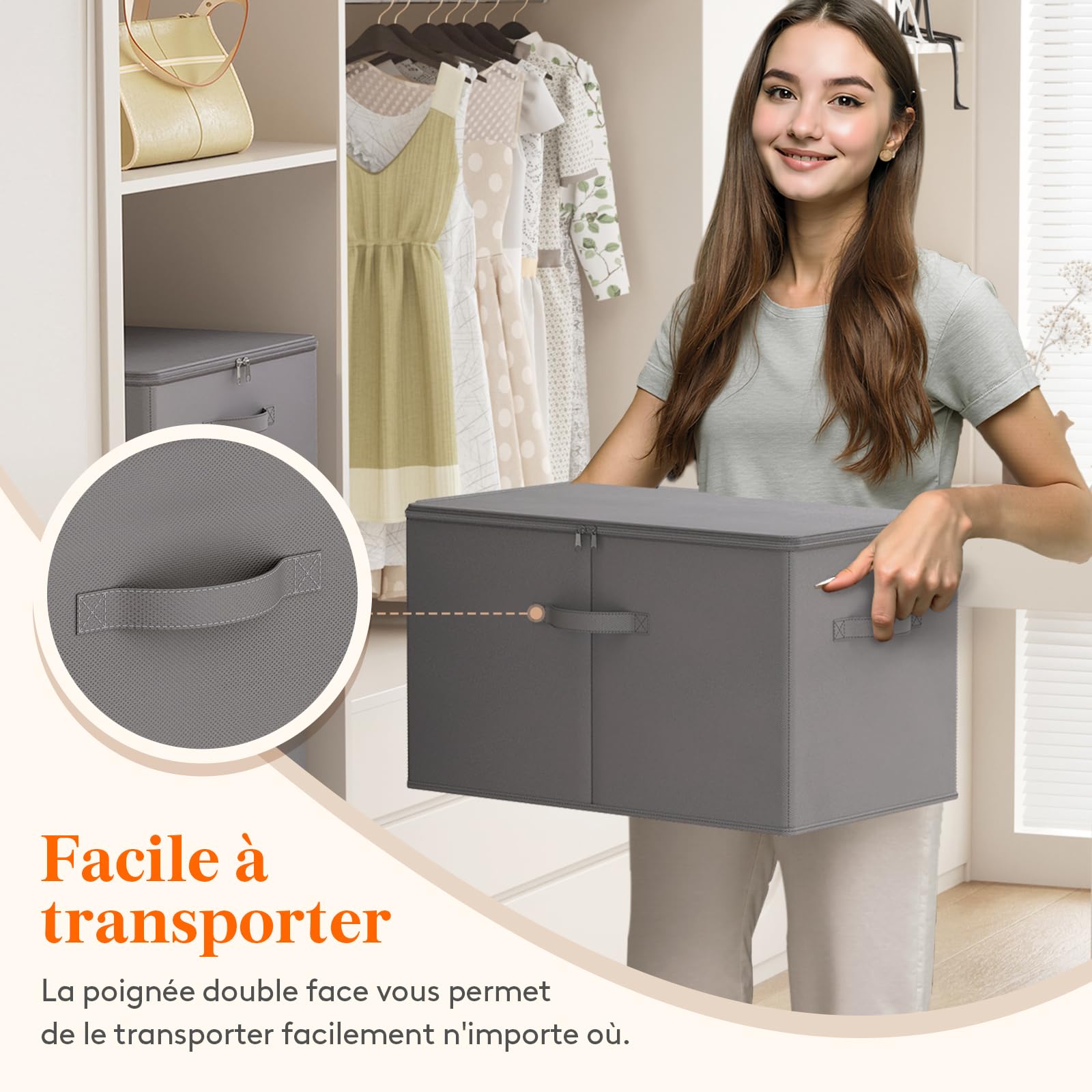 Lifewit Boite Rangement Vetement Tissu, Caisse avec Couvercle, Sac Rangement Dressing Armoire avec Fermeture éclair, Organisateur Placard pour Couverture, Jouet, Gris, 56 x 32 x 33 cm, 60L, Lot de 3