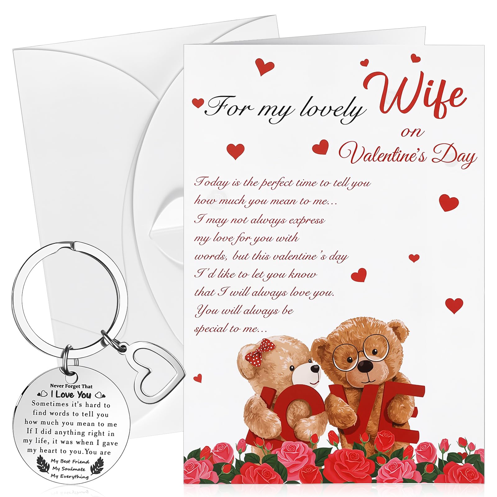 – Valentines Day Card for Wife, Romantic Valentines Card Wife from Husband, Perfect Valentine's Gifts for Her Greeting Card with White Envelope, Valentine's Day Keyring Keychain