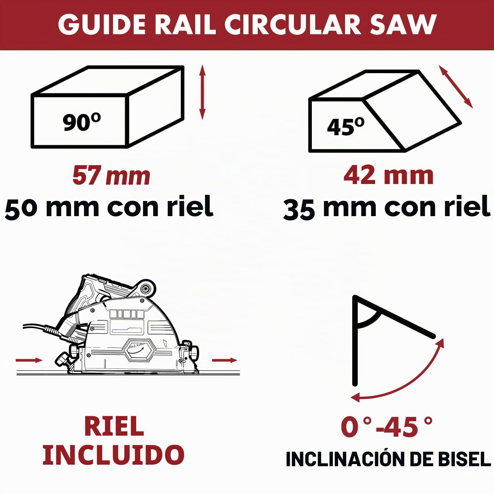 Sierra Circular 1200W con Guia de Corte, Sierras Inmersión de Mano 5000RPM, Profundidad de Corte 57mm(90°), 42mm(45°), Hoja de Sierra 165mm(40T), para Cortar Madera