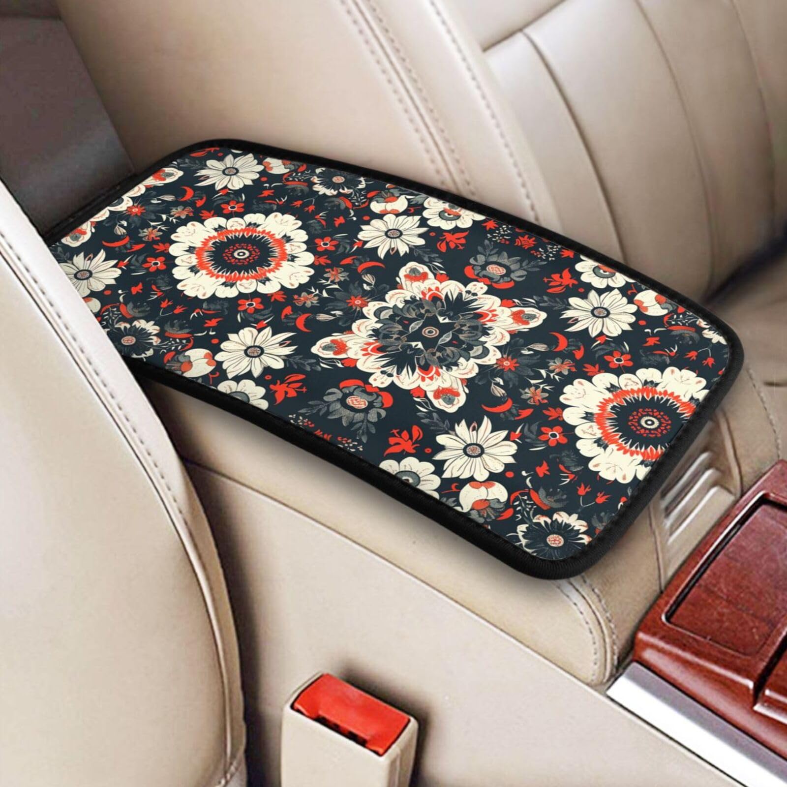 TZBVTAU Antique Floral Tile Car Center Console Cover,Cute Retro Car Armrest Cushion Arm Rest Covering-Middle Console Covers-Car Armrest Cover