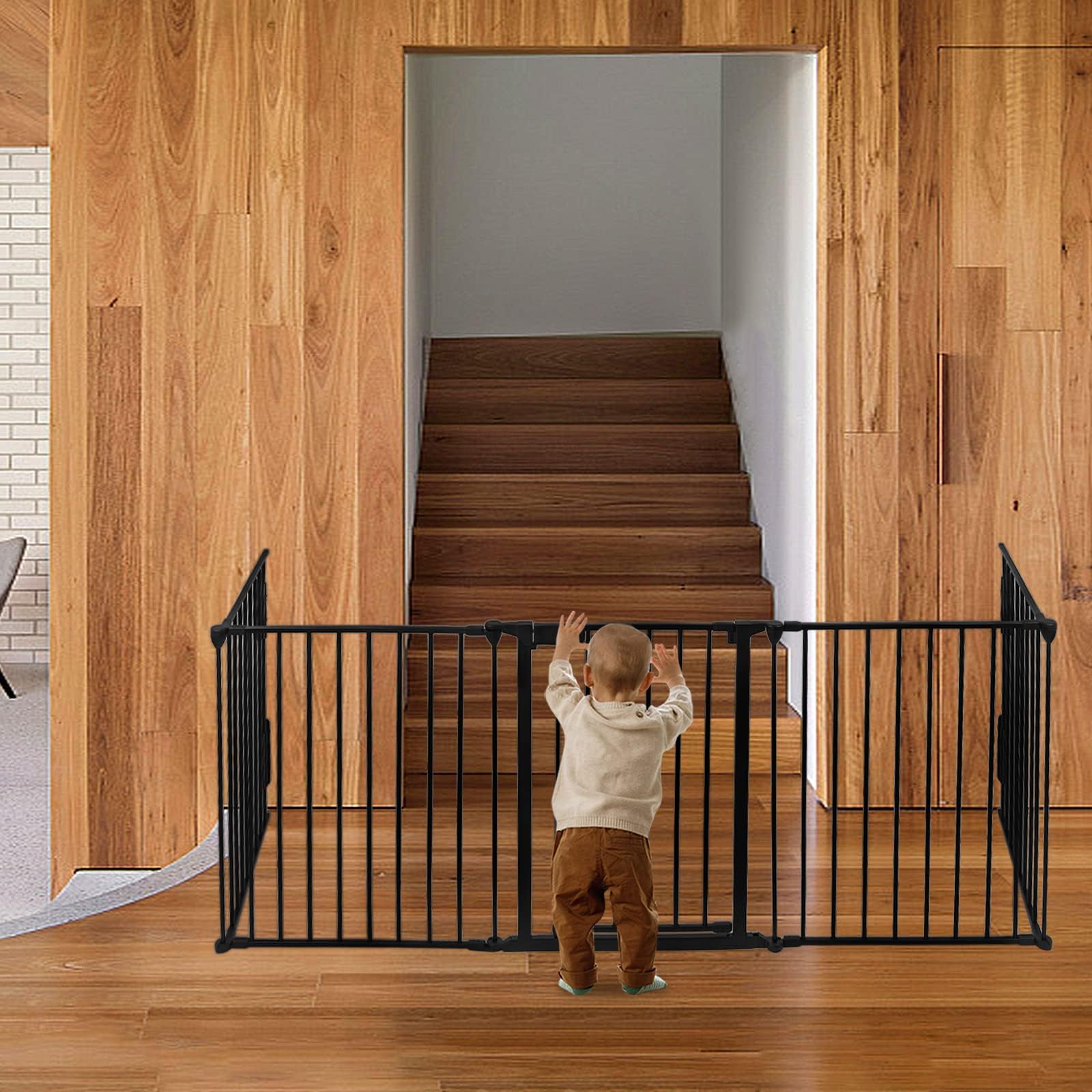 LARS360 griglia di protezione per camino, 300 cm, con porta, 5 elementi, pieghevole, sospensione, box e protezione, per neonati e bambini (75 x 60 cm, 2 serrature)