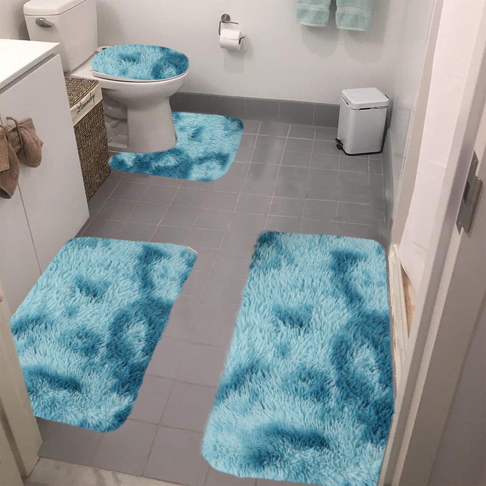 Bath Mat Set 4 Piece - Thick Bathroom Rug Soft Bath Mat For Bathroom Non Slip Machine Washable Toilet Carpet Microfiber Absorbent Bath Rug For Bath Room, Shower, Bathtub (X-Green4PCS)