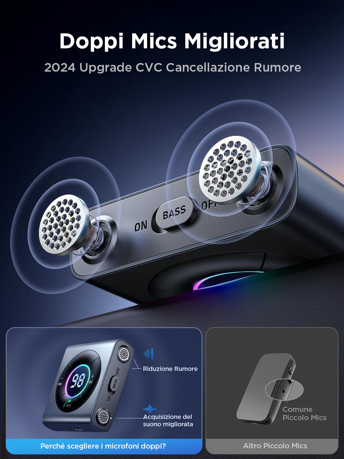 JOYROOM Ricevitore Bluetooth 5.4 Auto Bass Stereo, Jack Aux 3,5mm Chiamate in Vivavoce, 26 Ore Autonomia