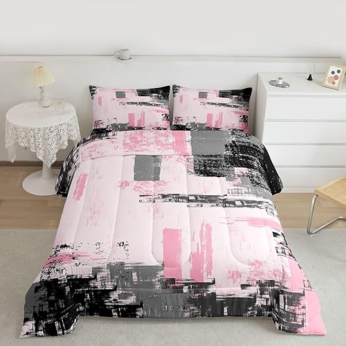 Miniatura 2 de Feelyou Juego de ropa de cama abstracta para niños, juego de edredón moderno de arte abstracto rosa y negro para decoración de habitación de niños,