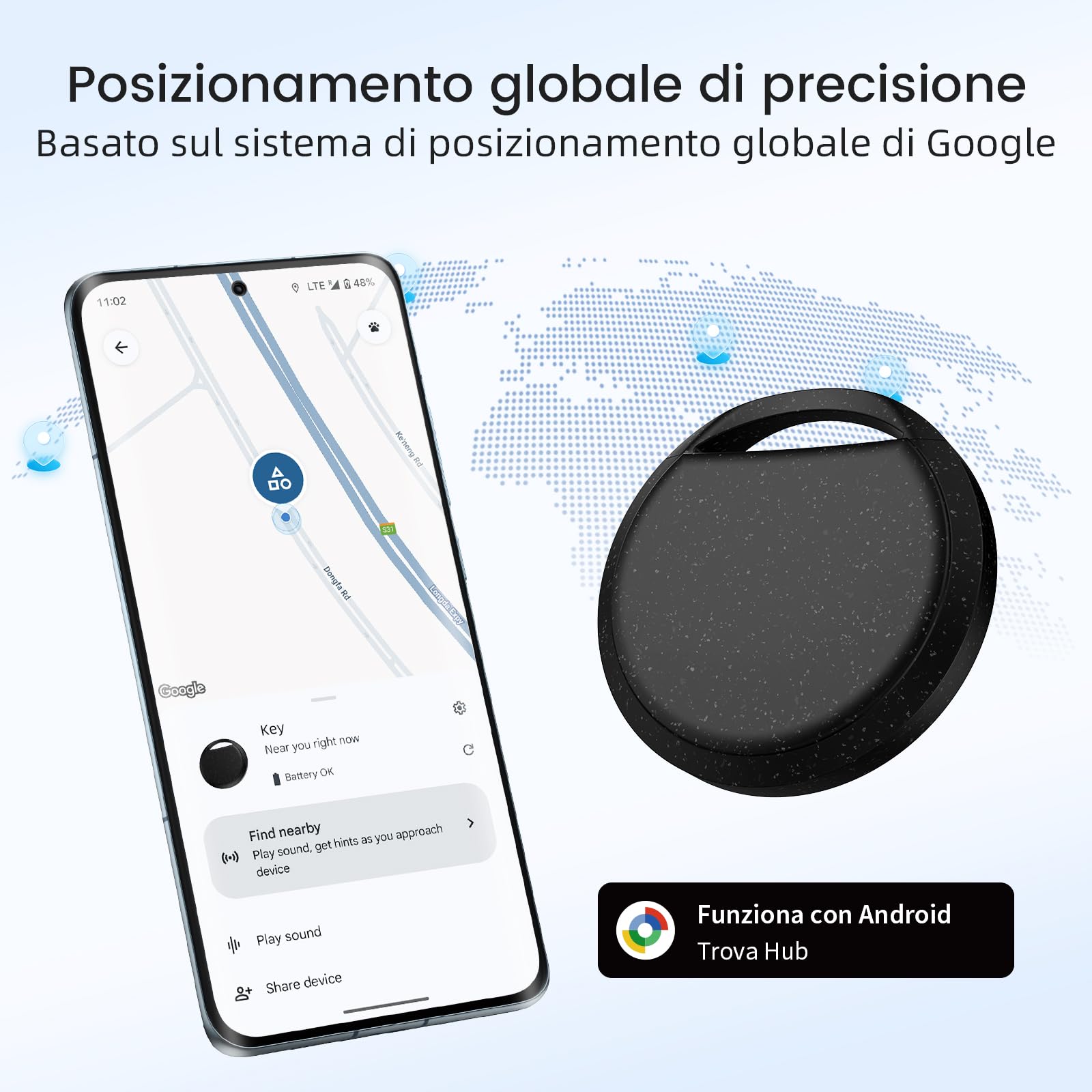RSH Android Bluetooth Tracker Smart Tag, Works with Google Find Hub, 4 Pack, Key Finder for Wallet/Luggage/Backpack, Android Only, Loud Beep, Last Known Location (Schwarz)