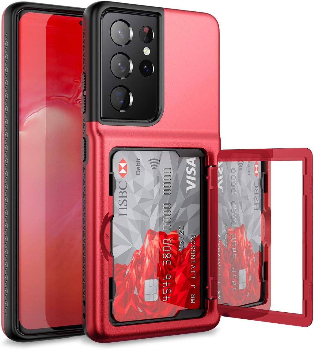 WeLoveCase for Samsung Galaxy S21 Ultra Wallet Case with Credit Card Holder & Hidden Mirror, Defender Protective Shockproof Heavy Duty Phone Cover for Samsung Galaxy S21 Ultra 5G, 6.8 inch Red