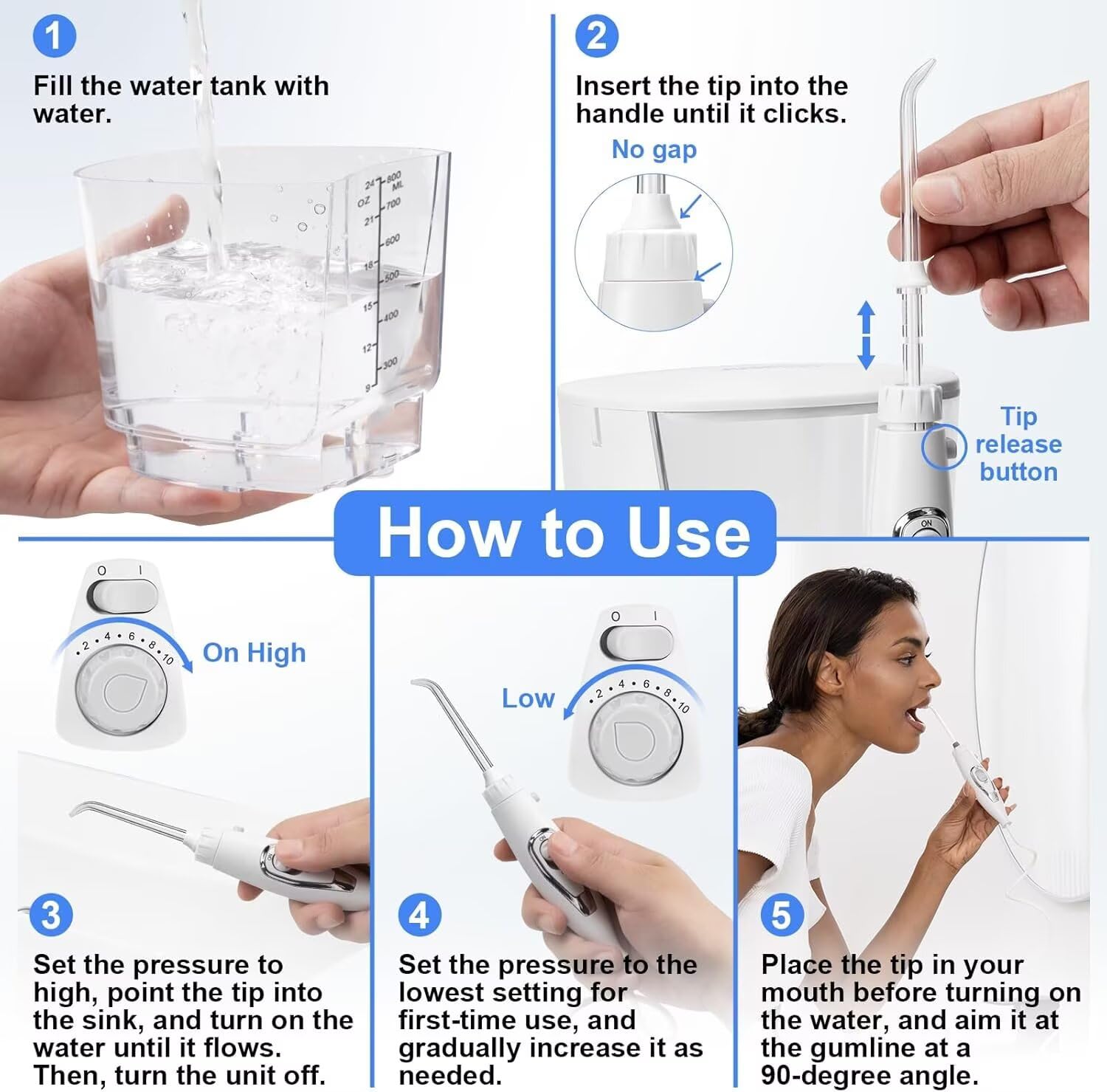 Irrigador bucal dental para dientes y aparatos ortopédicos, 800 ml con 10 niveles de presión, 7 puntas de chorro, cepillo de dientes y estuche de limpieza de boquillas, cuidado bucal familiar