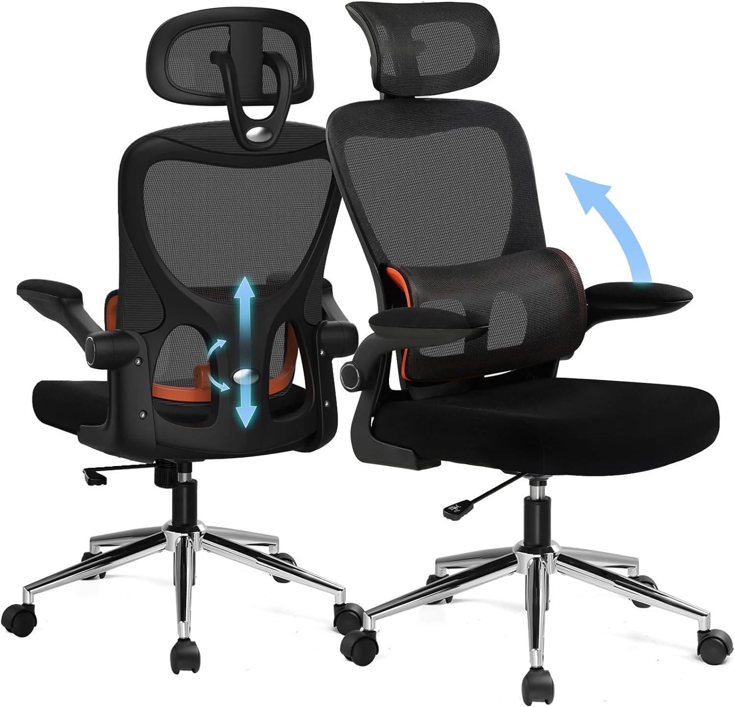 COMHOMA Ergonomic Office Chair with Flip-up Armrests, 2 way Adjustable and Adaptive Lumbar Support, High Back Computer Desk Chair for Home Office, Swivel Executive Gaming Chair, Black