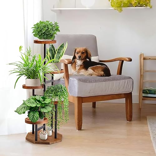 Miniatura 5 de TEAKMAMA Soporte alto para plantas de 5 niveles, soporte alto de metal para plantas de interior con ranuras profundas anticaídas para múltiples