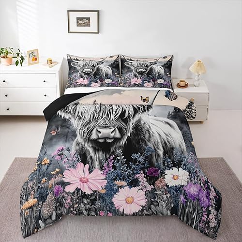 Miniatura 1 de Juego de edredón de flores de vaca de las tierras altas, tamaño Queen, juego de ropa de cama de montaña ahumada, edredón de plumas de animales
