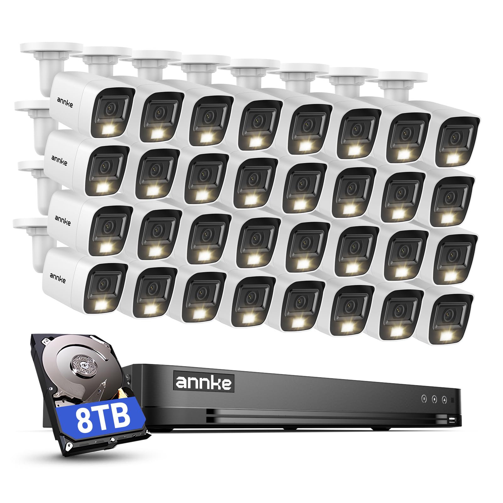 ANNKE 32-kanałowy rejestrator 3K Lite DVR z funkcją rozpoznawania ruchu AI i dyskiem twardym 8 TB, analogowa kamera bezpieczeństwa 32 x 1080p z inteligentnym noktowizorem kolorów, IP67 przewodowa