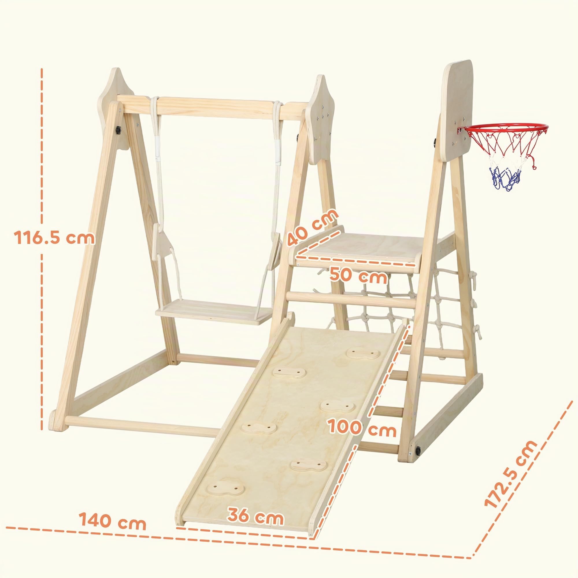 AIYAPLAY Tobogán Infantil 5 en 1, Estructura de Escalada de Madera con Tobogán, Columpio, Aro de Baloncesto, Tabla, Red de Escalada, Parque Plegable para Niños de 3-6 Años, Interior, Exterior, Natural