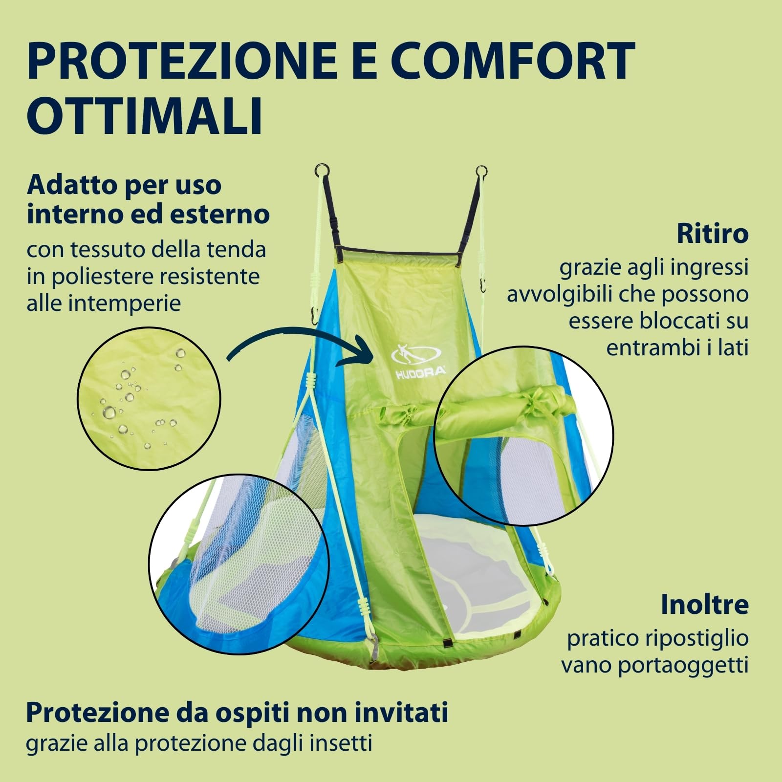 Tenda HUDORA Cosy Castle - copertura per altalena HUDORA nest 90 e 110/120 in blu/limone - tenda per altalena in poliestere per uso interno ed esterno - tettoia per altalena per bambini e adulti
