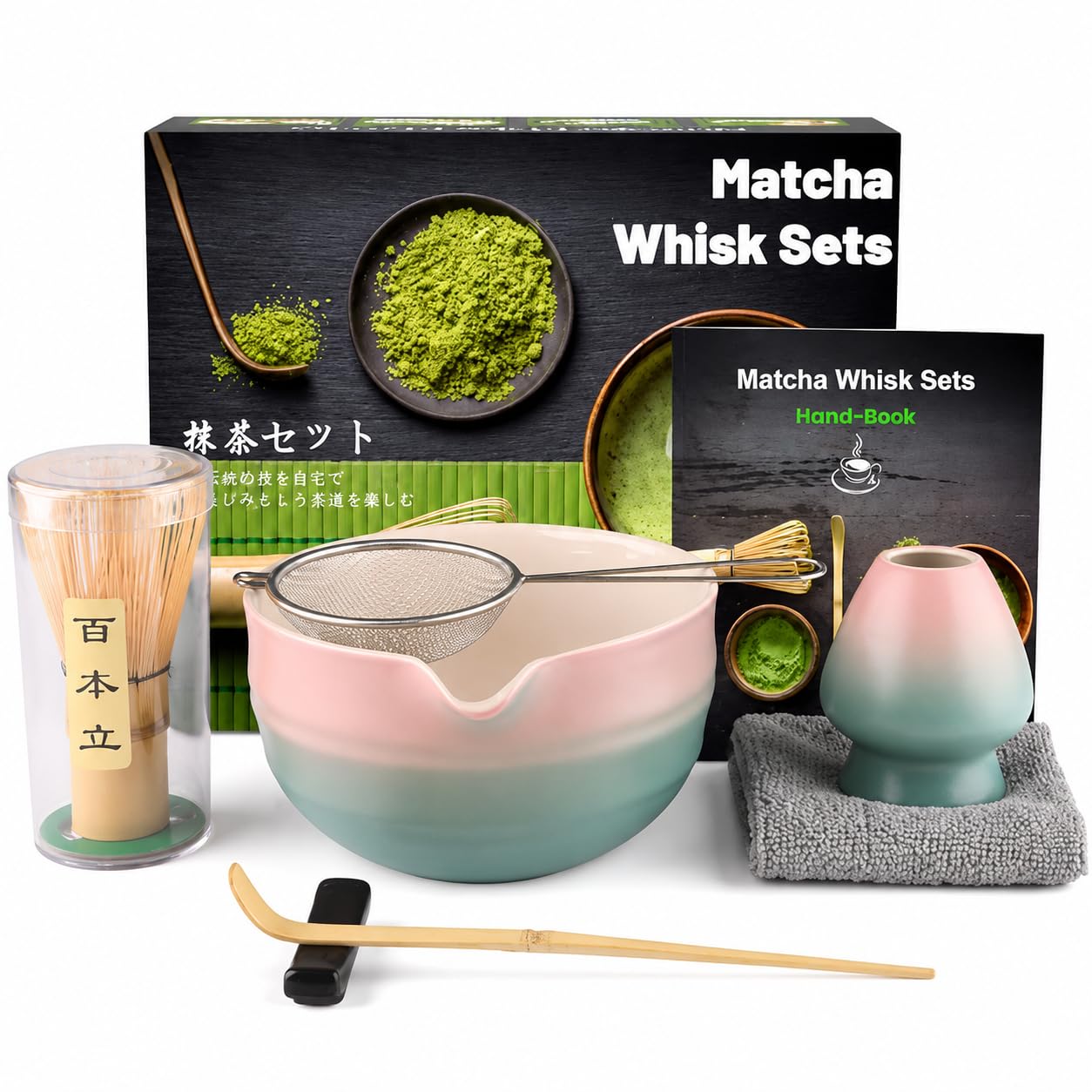 Muexoee 7 Pcs Matcha Set,Matcha Tea for Making Breakfast/Latte,Whisk Set and Bowl with All Accessories，Authentic Tea Ceremony，Gradient Pink-Blue Bowl,Bamboo Stirrer