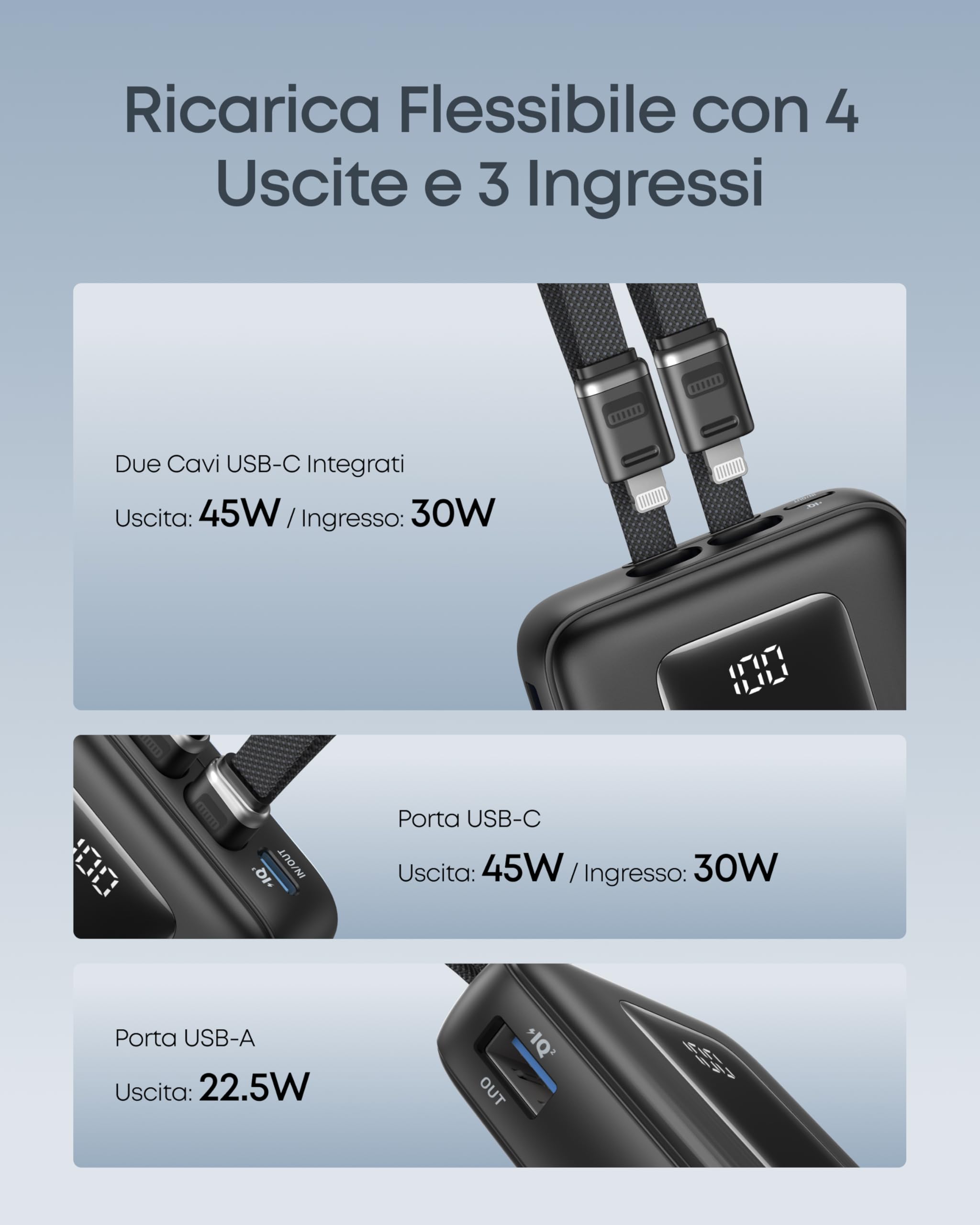 Anker Zolo Power Bank (aggiornamento 2025), ricarica rapida da 45 W, batteria esterna da 20.000 mAh, 2 cavi USB-C, per iPhone serie 17/16, Galaxy, MacBook ecc.