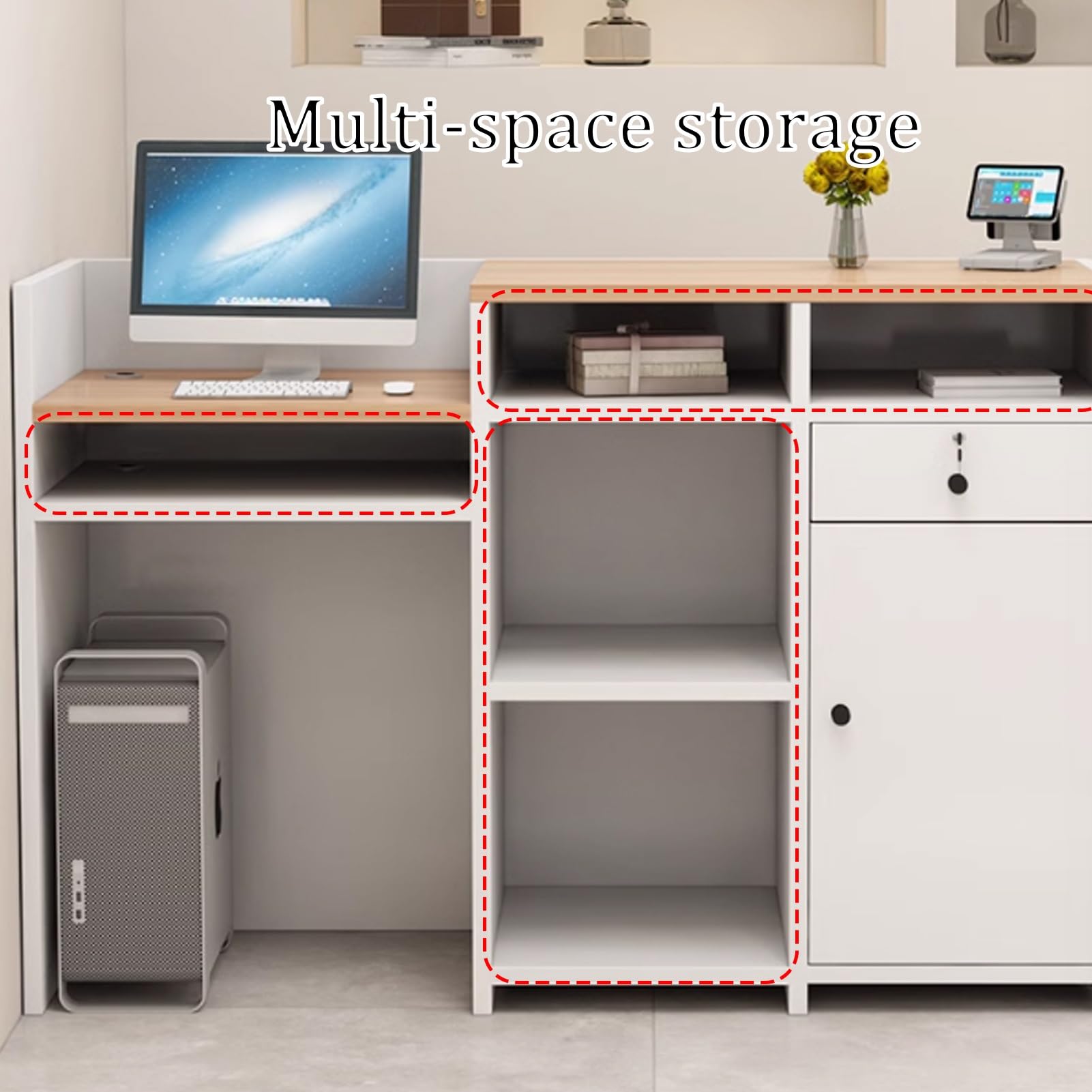 Recept Desk con vassoio per tastiera, bancone di benvenuto in legno con boohelf aperto, tavolo da ufficio nero, 90 x 50 x 100 cm, design moderno per aziende