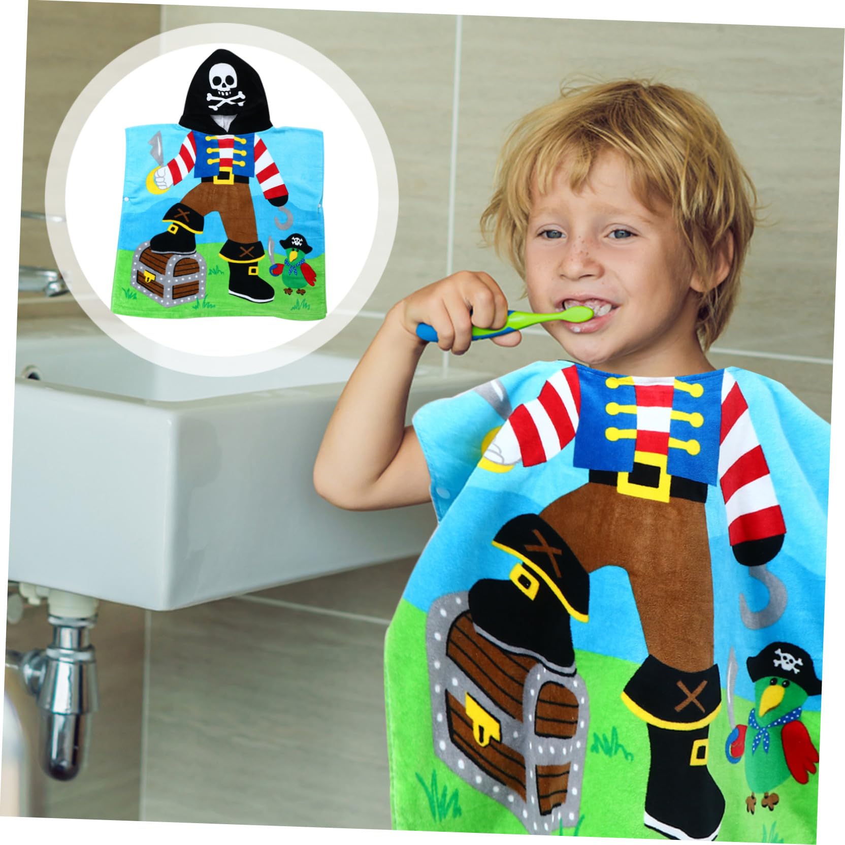 Kinder Kapuzenbadetuch Baumwolle Saugfähiges Badeponcho mit Druckknopf Cartoon Motiv für Strand Schwimmbad