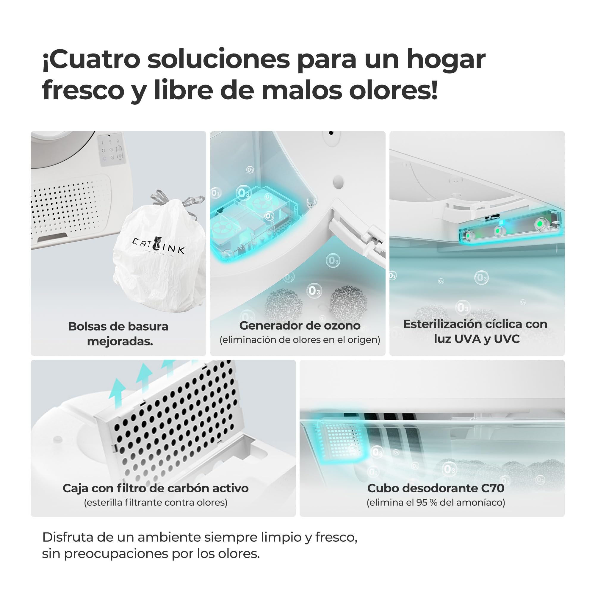 Arenero Autolimpiante CATLINK Pro-X con App y Contenedor de Residuos de 13L para Gatos Grandes, 4 Modos de Limpieza, Control de Olores 4X (Ozono+UV+Carbón Activado+Gel Desodorante)