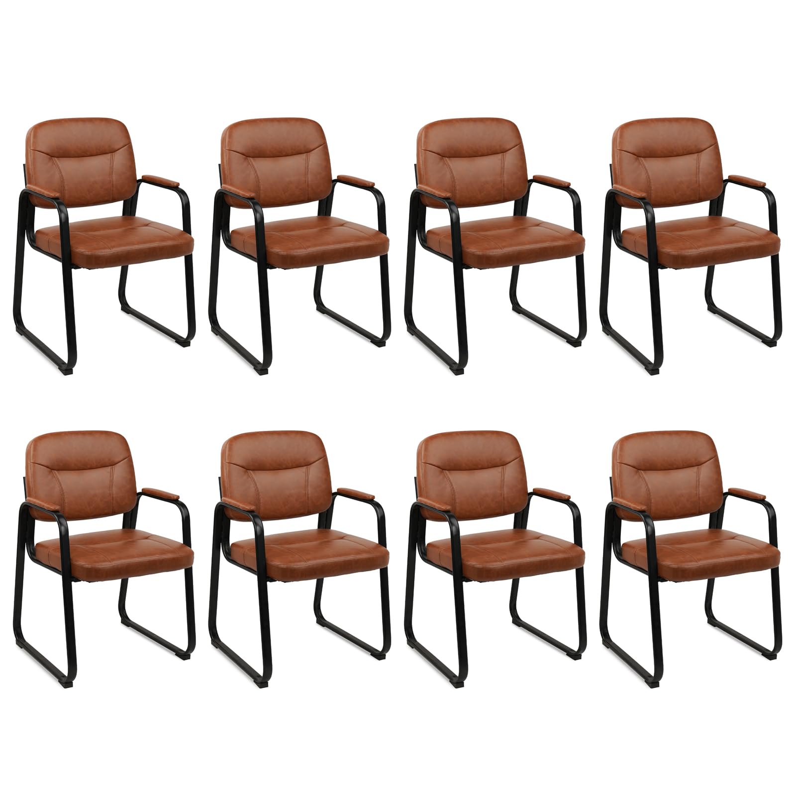 CLATINA Waiting Reception Chairs No Wheel, Leather Guest Chair with Padded Arms, Modern Brown Office Desk Chairs with Sled Base for Office Meeting