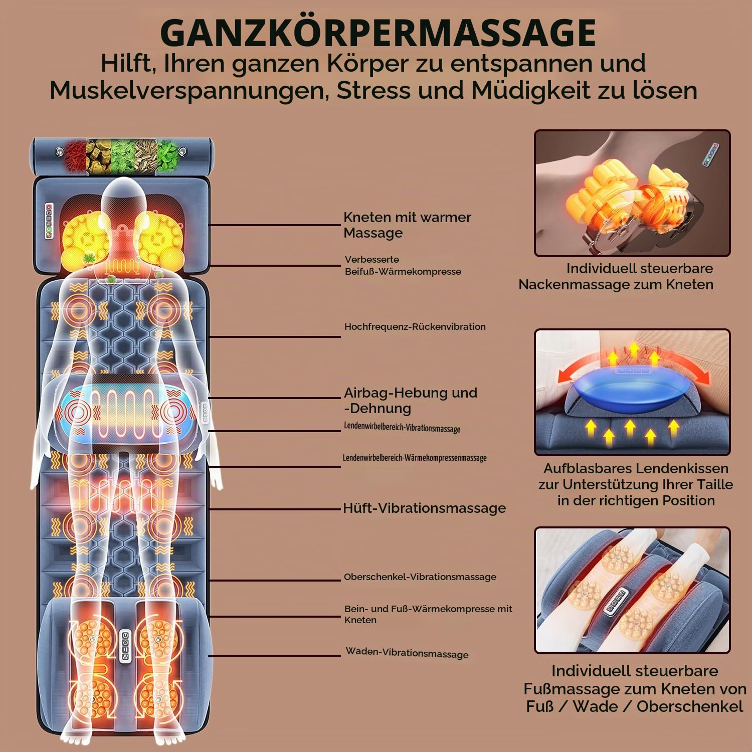Massagematte, Ganzkörper, mit Wärme, 10 Motoren, für Entspannung | Vibrationstherapie; abnehmbare Fußmassage; für Rücken und Nacken.