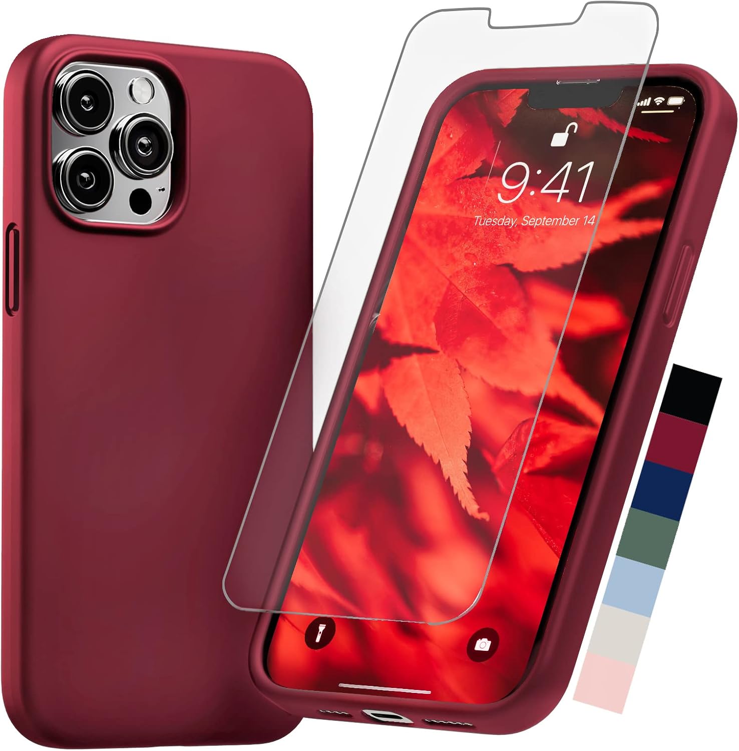 Compatible with iPhone 13 Pro Max Case Silicone with Screen Protector - Red Wine Red