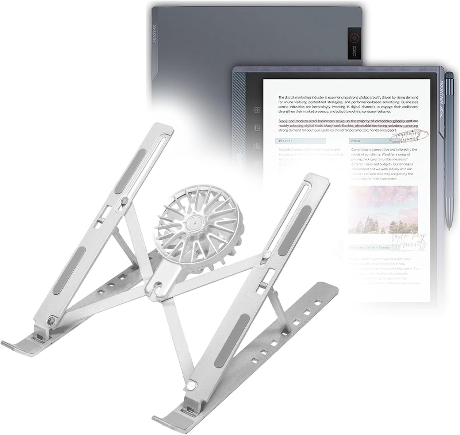 BoxWave Stand and Mount Compatible with Penstar M10C eNote Pro (10.3 in) - QuickSwitch Stand with Cooling Fan, Portable, Multi Angle Viewing Ventilator - Metallic Silver