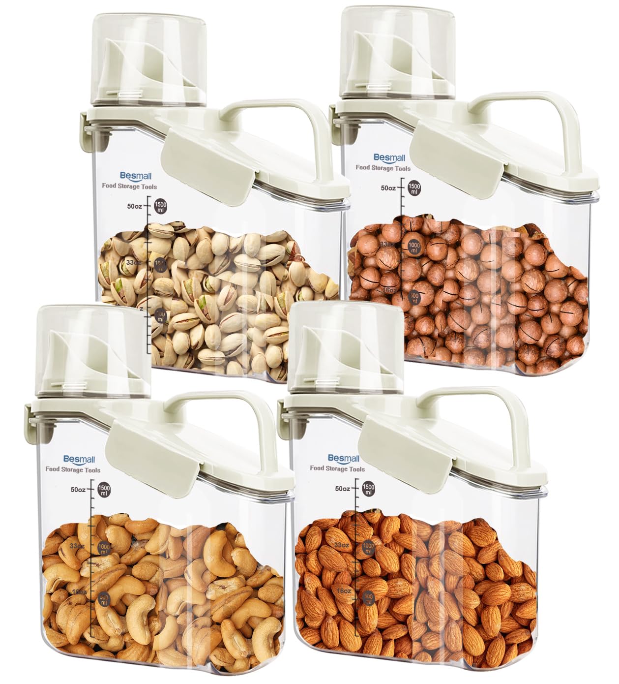 Small Cereal Containers Storage with Pour Spout and Measuring Cup Food Storage Containers Airtight Plastic Dry Food Dispenser for Flour, Grain, Rice, White, 1.6L / 54oz (4pcs)