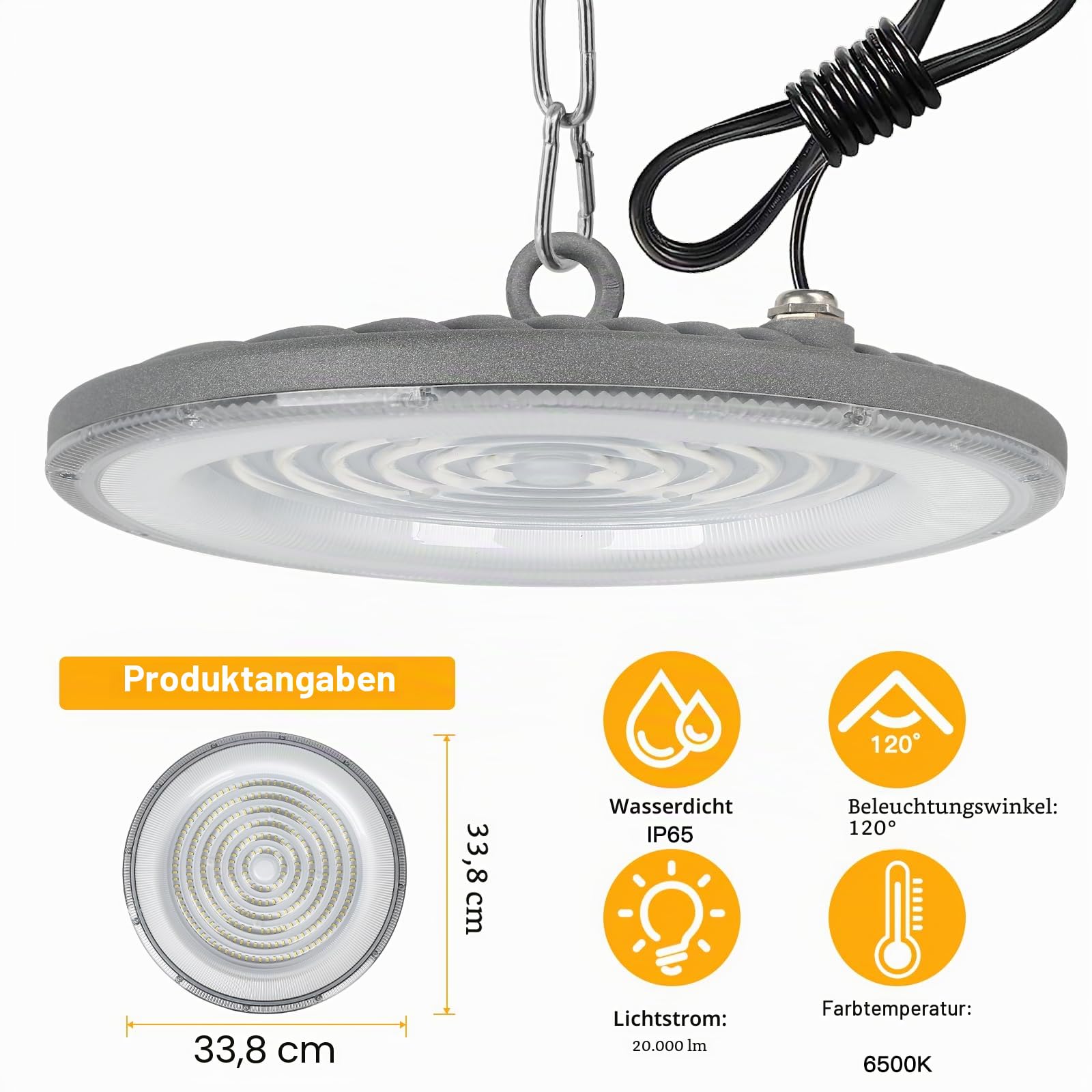 UFO LED Hallenstrahler 200W, 20000LM 6000K IP65 High Bay, 4PCS | Hallenleuchte Led, Lampen Garage mit 120° Abstrahlwinkel, Blendarm, 50000h Lebensdauer, Einfache Montage für Lager Werkstatt