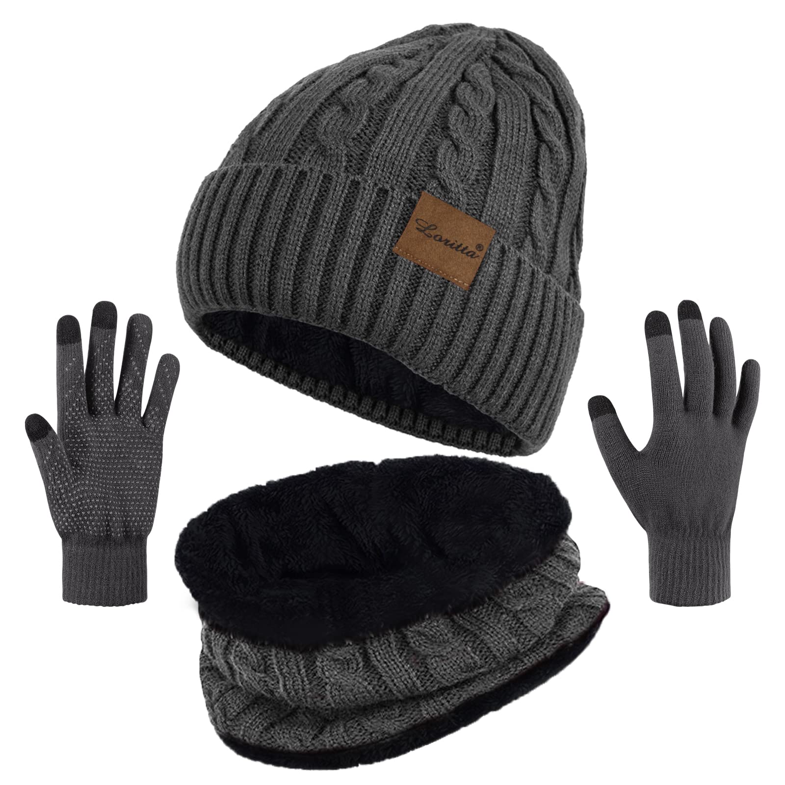 3 Pieces Winter Beanie Hat Scarf Touch Screen Gloves Set Thick Warm Knit Skull Cap Fleece Lined Scarves Gifts for Women