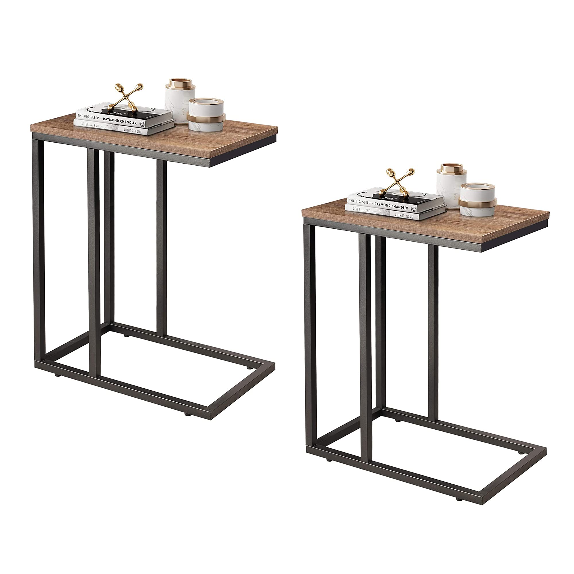 WLIVE Snack Side Table, C Shaped End Table for Sofa Couch and Bed, Set of 2, Brown