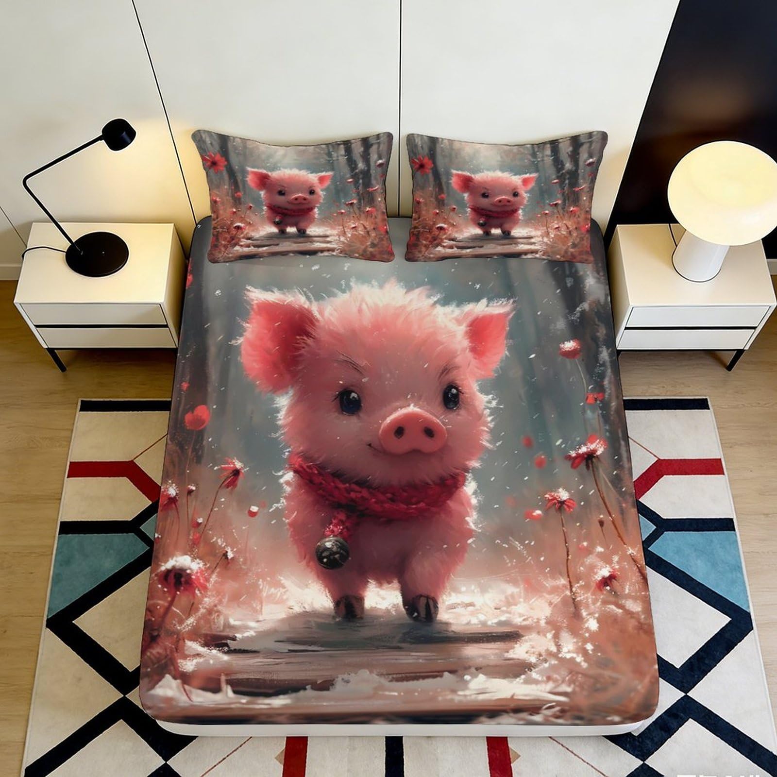 3D Printed Cute Pig Fitted Sheet Microfiber Deep Pocket Non-Slip Bedroom Bedding Pig Mattress Fitted Cover Washable 200x200x25cm