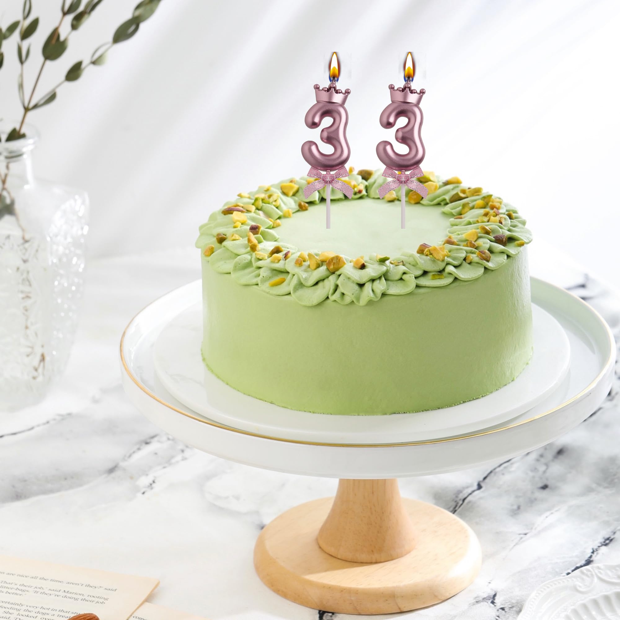 Vela de cumpleaños número 33 de oro rosa | Vela de cumpleaños número 33 sin humo con decoración de corona y lazo para decoración de tartas