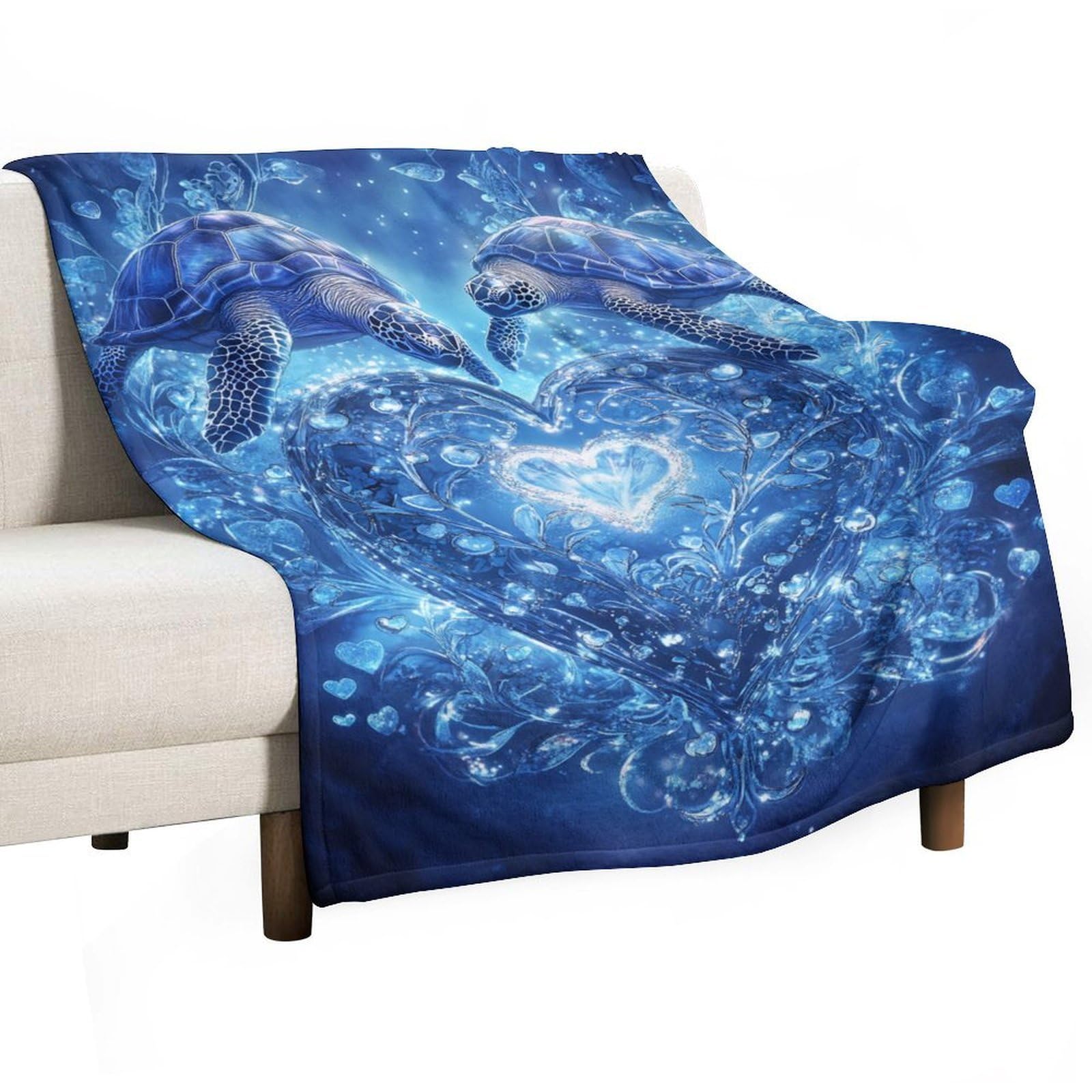 Couverture anti-boulochage tortue de mer et cœurs bleus 130x150cm pour lit et canapé de salon