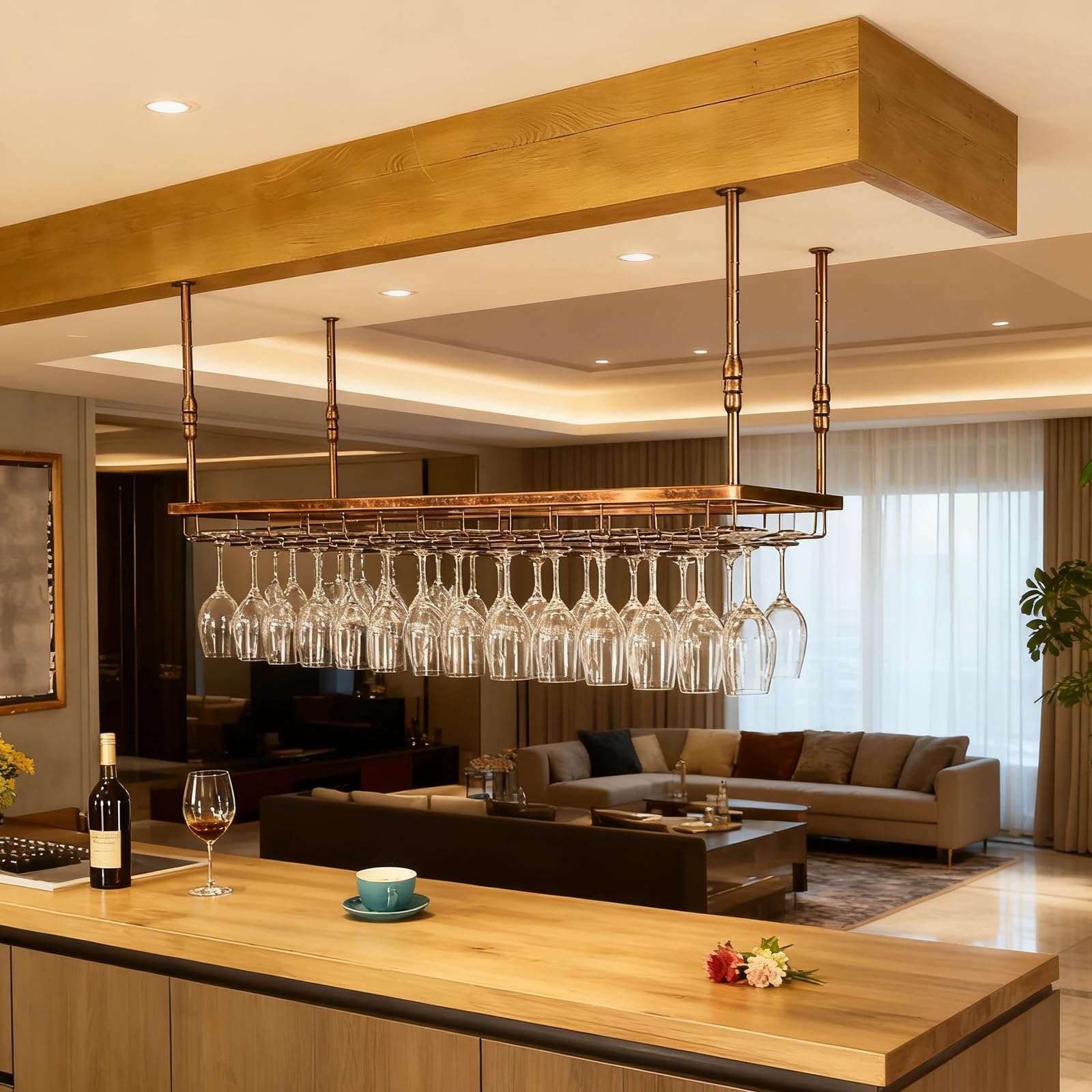 Support pour Verre à Vin Hauteur RéGlable, Porte-Verres à Pied Suspendu en Métal, Montage au Plafond Range Verre Suspendu Bar pour Famille, Restaurant, Hôtel, Bar (BN, 120x40x(30-60) cm)