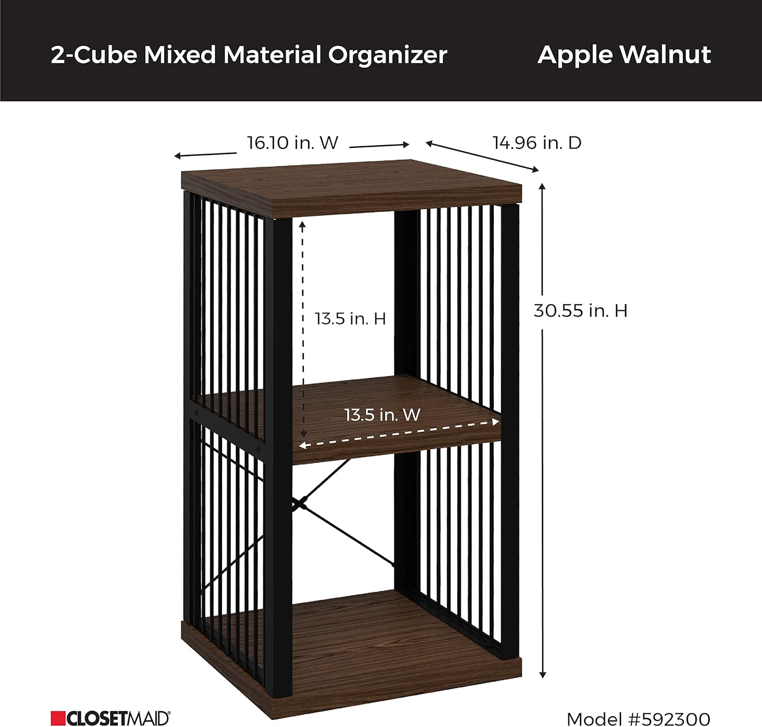 ClosetMaid 2-Cube Storage Organizer Bookshelf, Storage Shelf, Metal Frame, Wood Shelves, Easy Assembly, Black/Apple Walnut