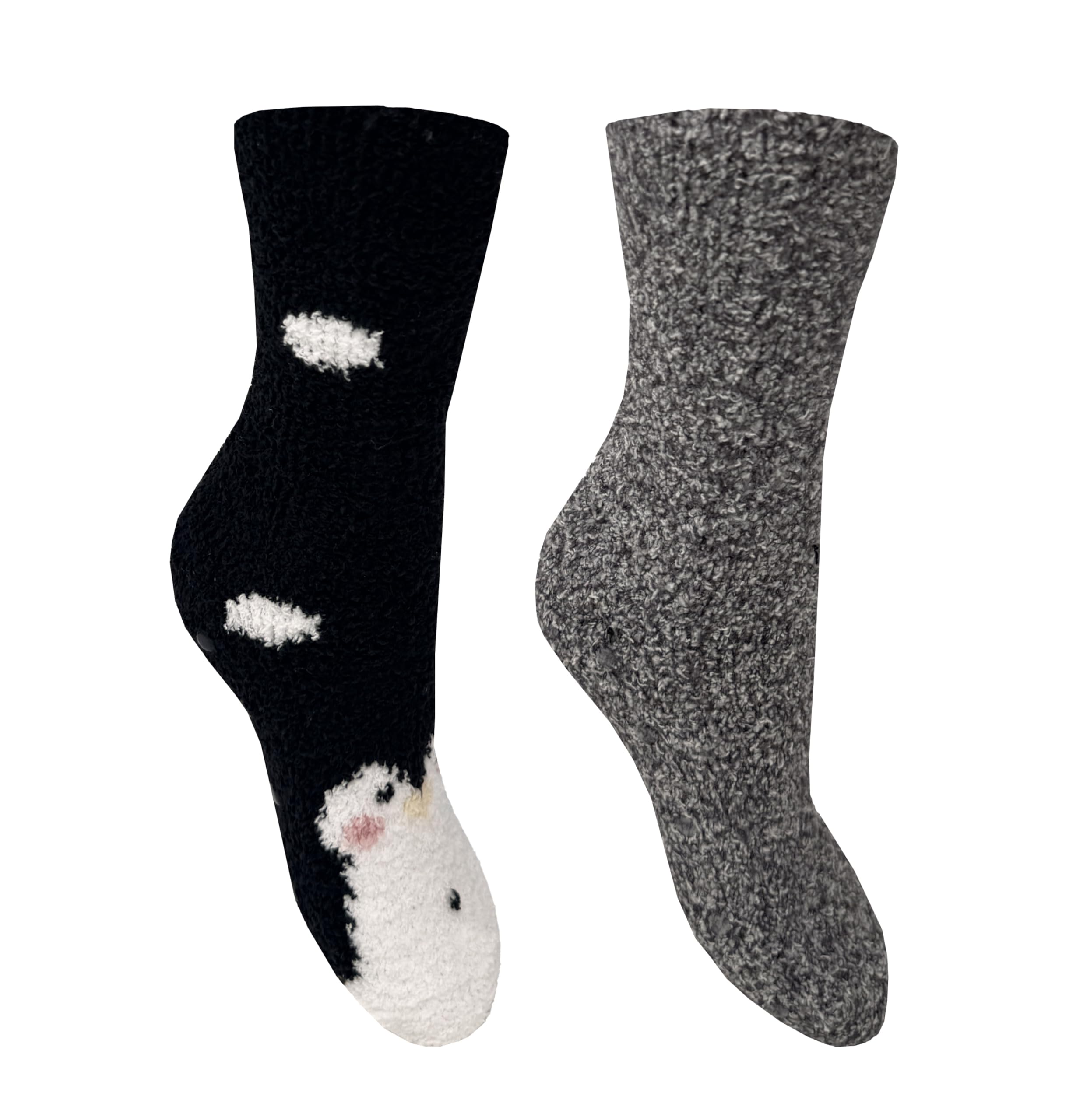Bramble Ladies - Animal - Fluffy Cosy Socks| 2 Pair | U.K. Size 4-7 | fluffy, non-slip, lounge, slipper sock (UK, Numeric, 4, 7, Regular, Regular, Black Grey Penguin)